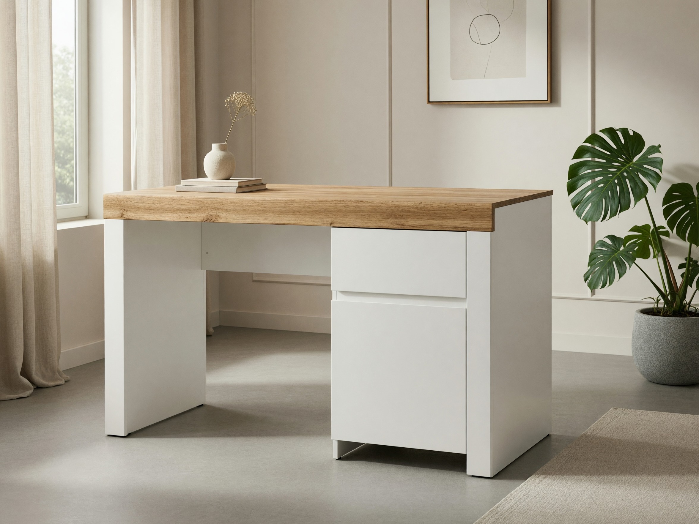 Bureau Sonsoru 130 (Blanc + Blanc brillant + Chêne wotan)
