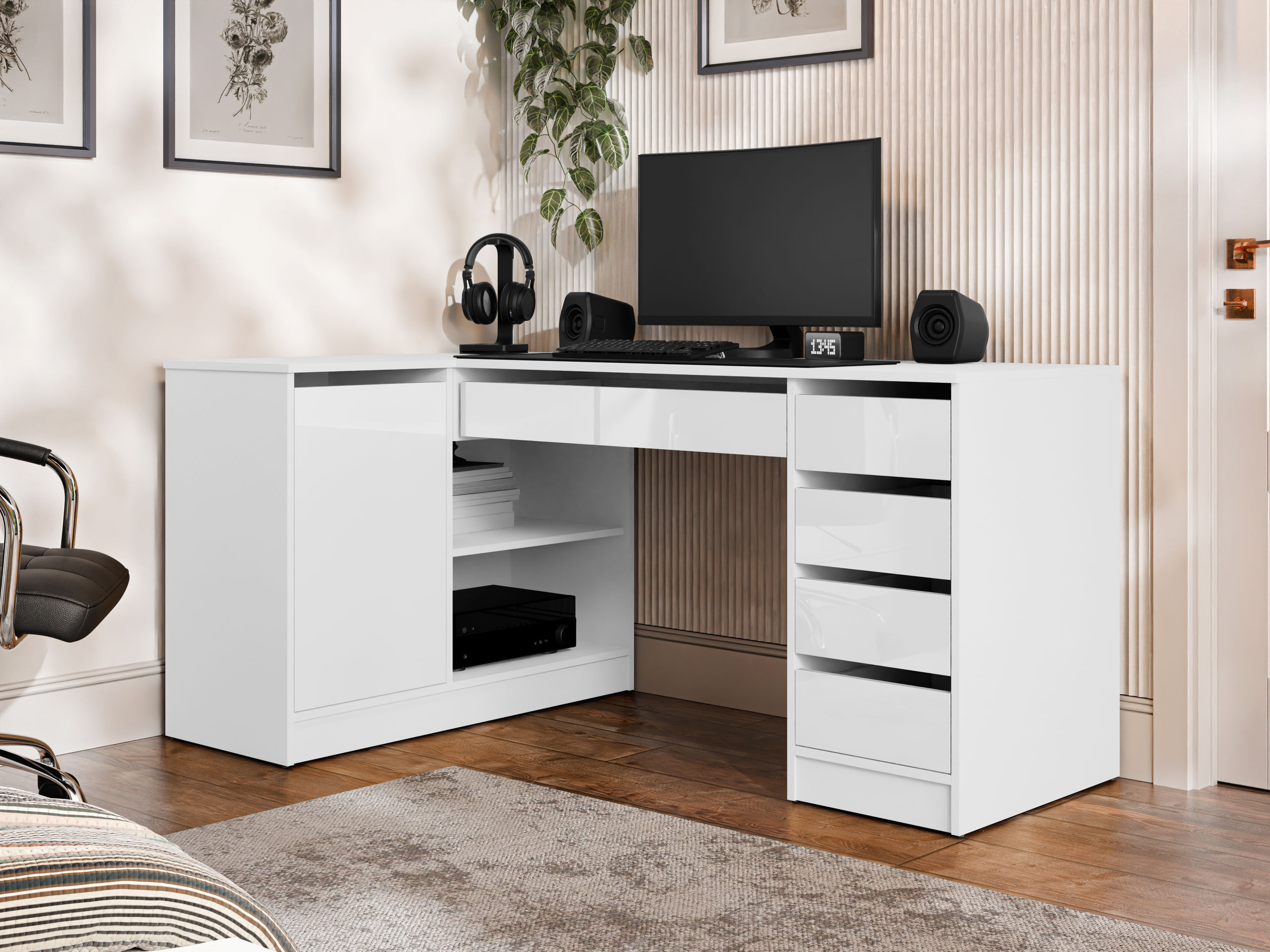 Bureau d'angle Comfivo Terros III (Blanc brillant + Blanc)