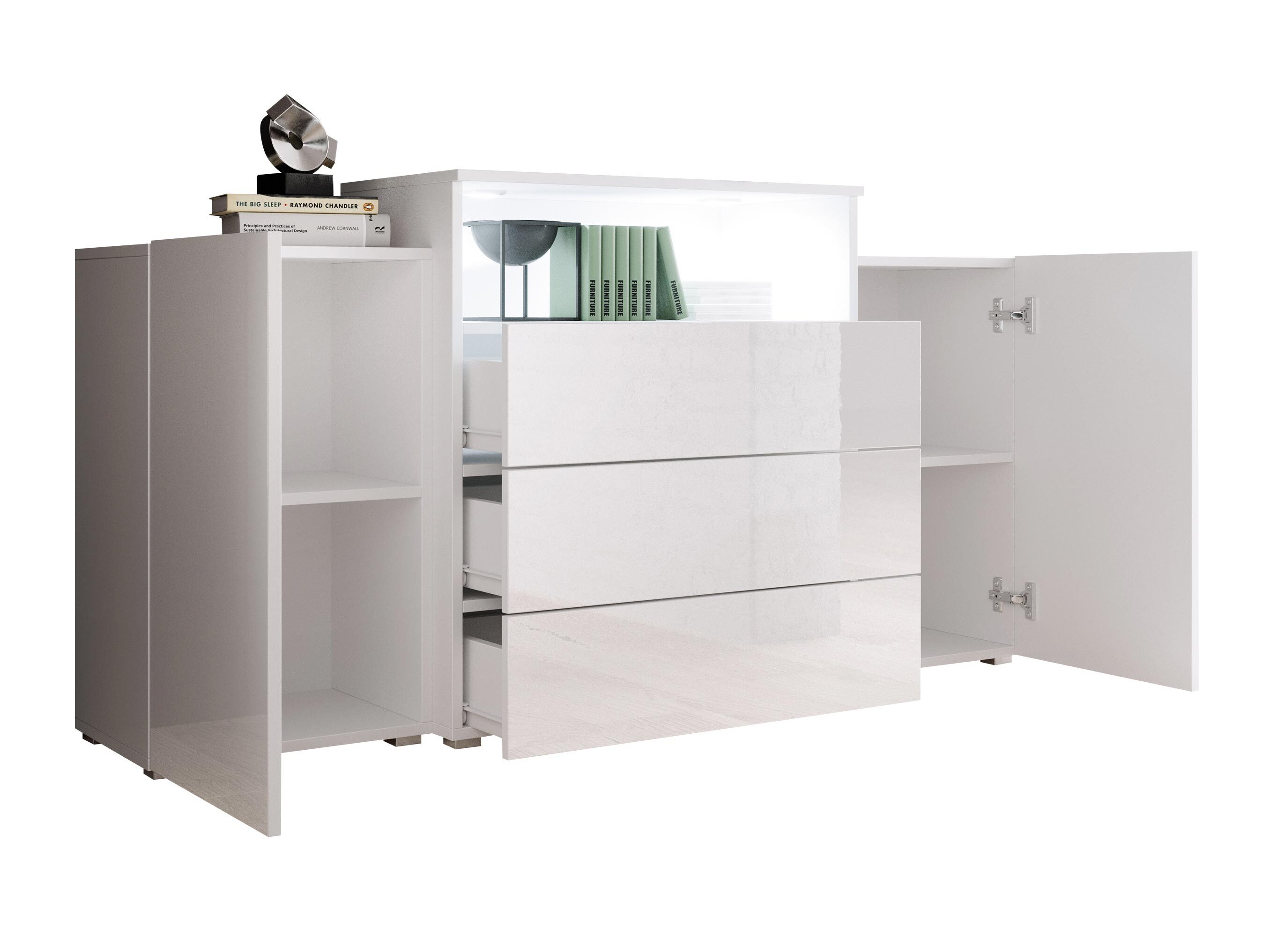 Commode Sarasota 127 (Blanc + Blanc brillant + Chêne wotan)