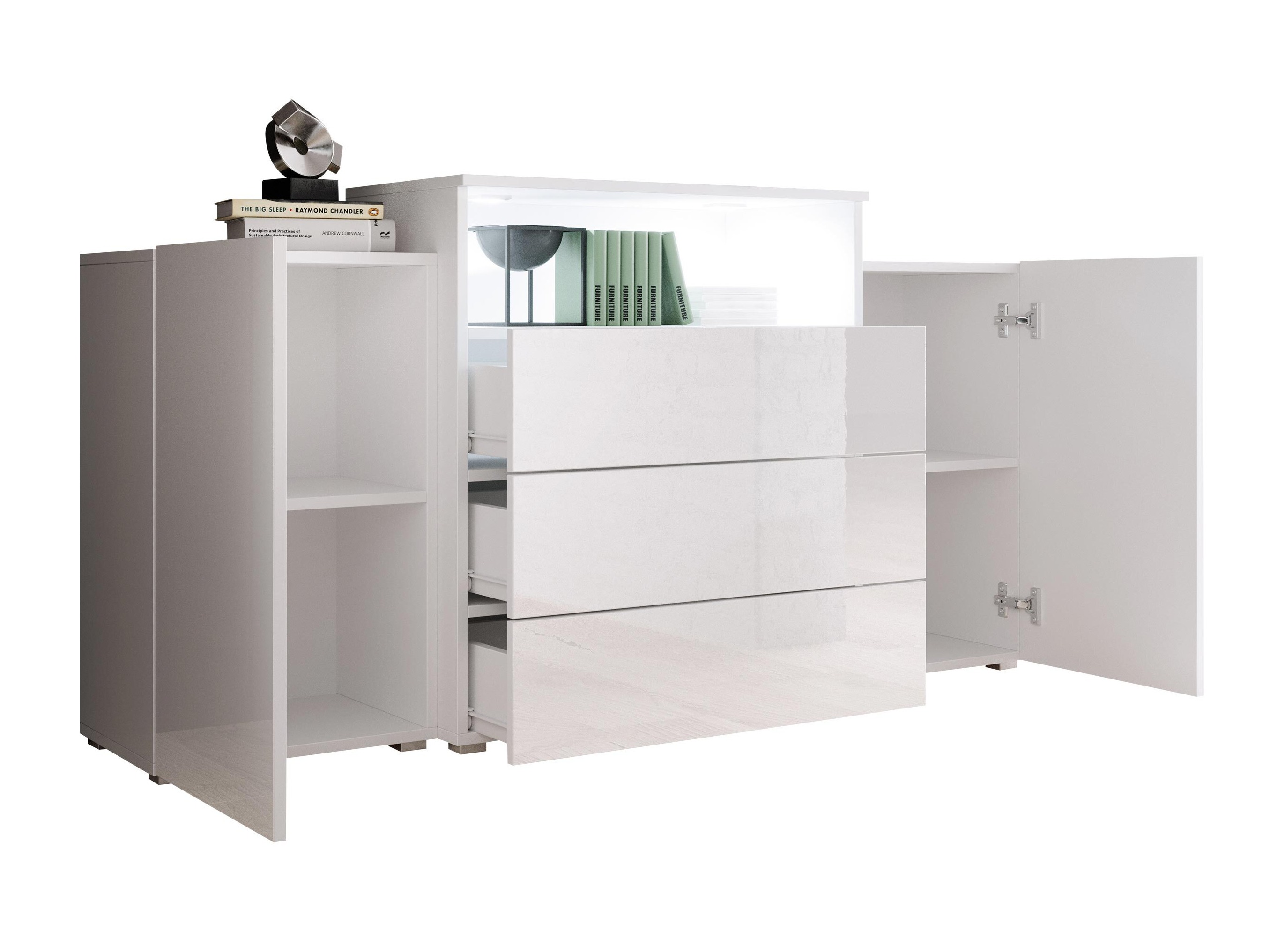 Commode Sarasota 127 (Blanc + Blanc brillant + Chêne wotan)