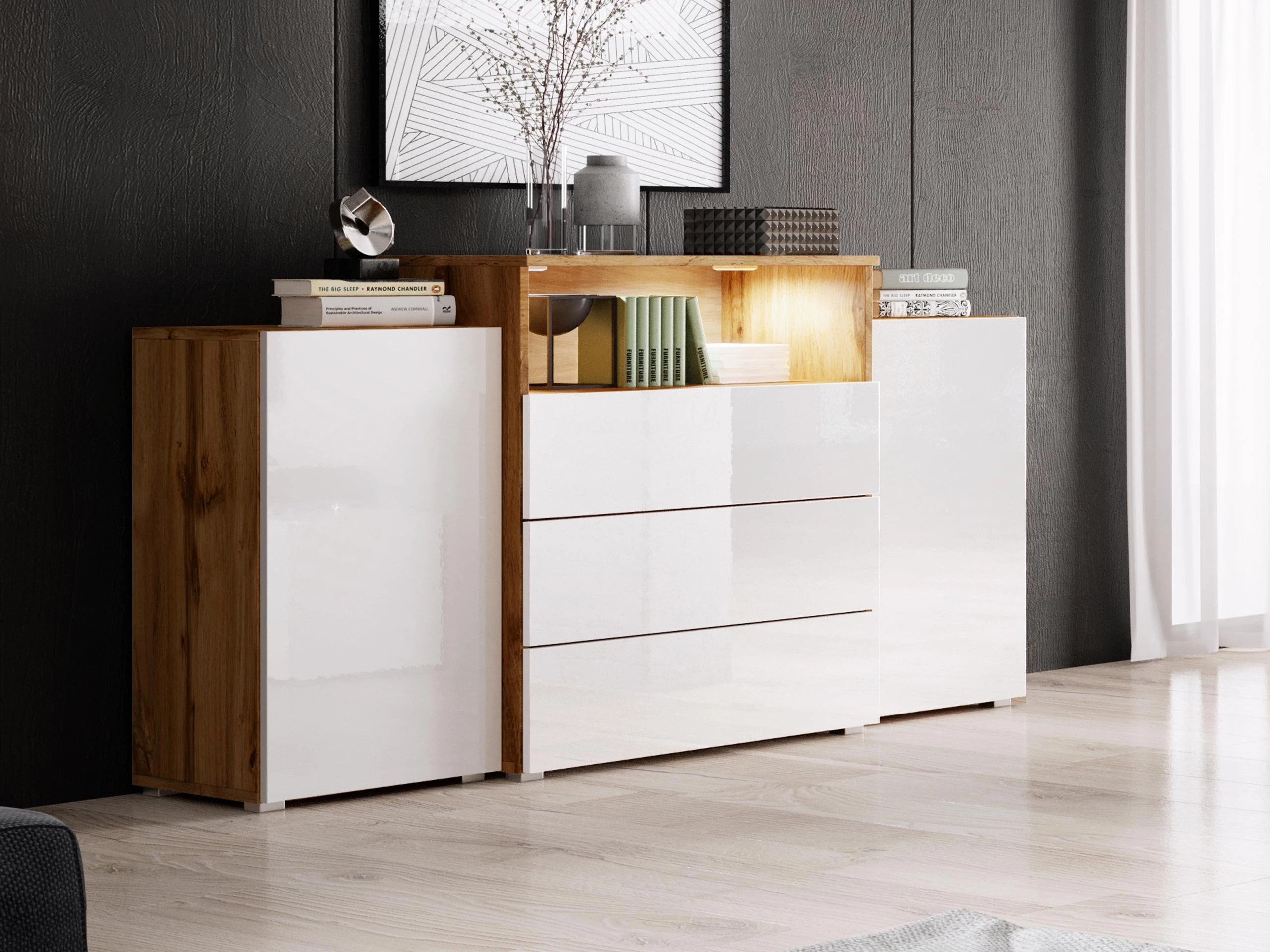 Commode Sarasota 127 (Chêne wotan + Blanc brillant)