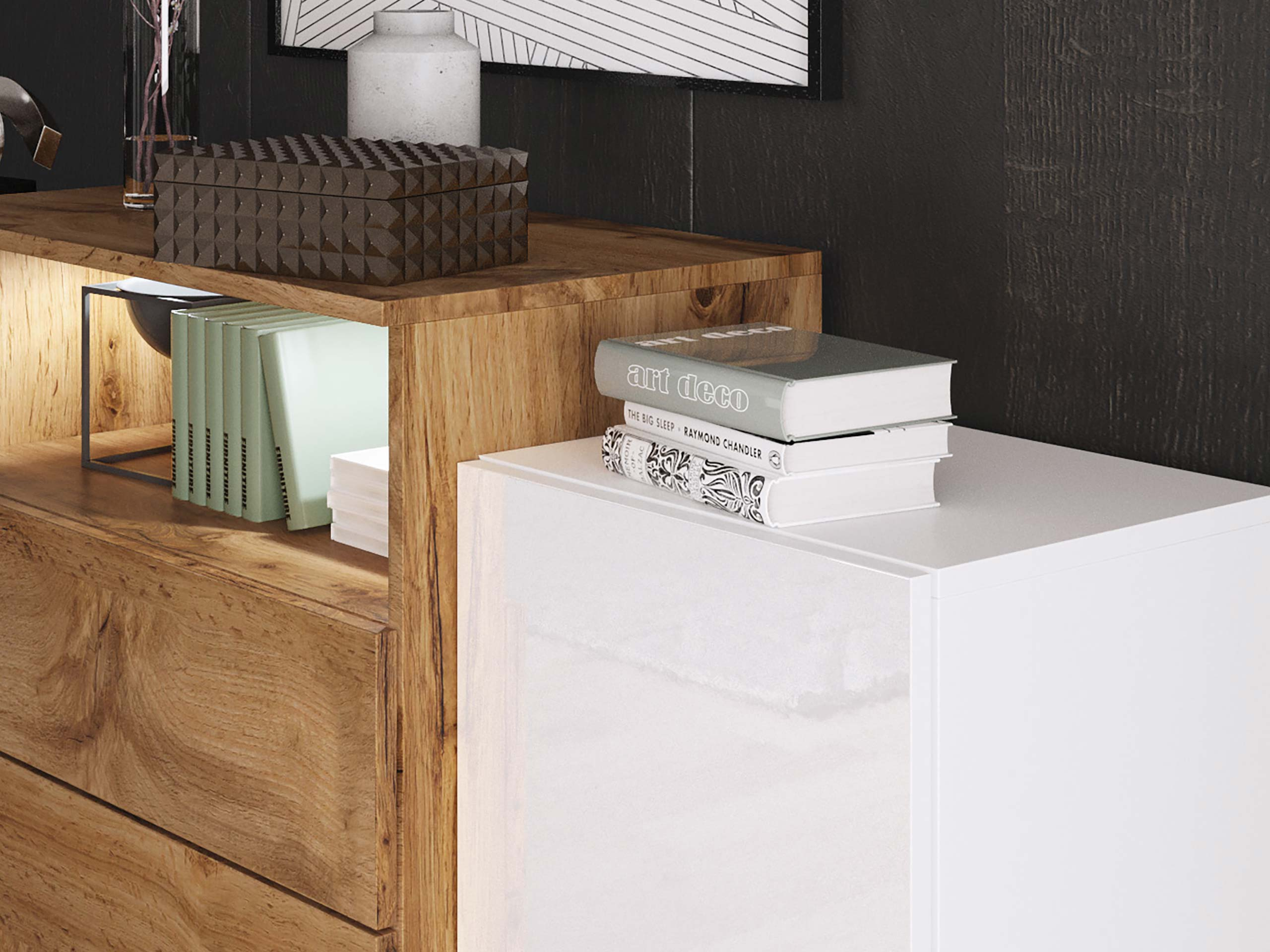 Commode Sarasota 127 (Chêne wotan + Blanc brillant)