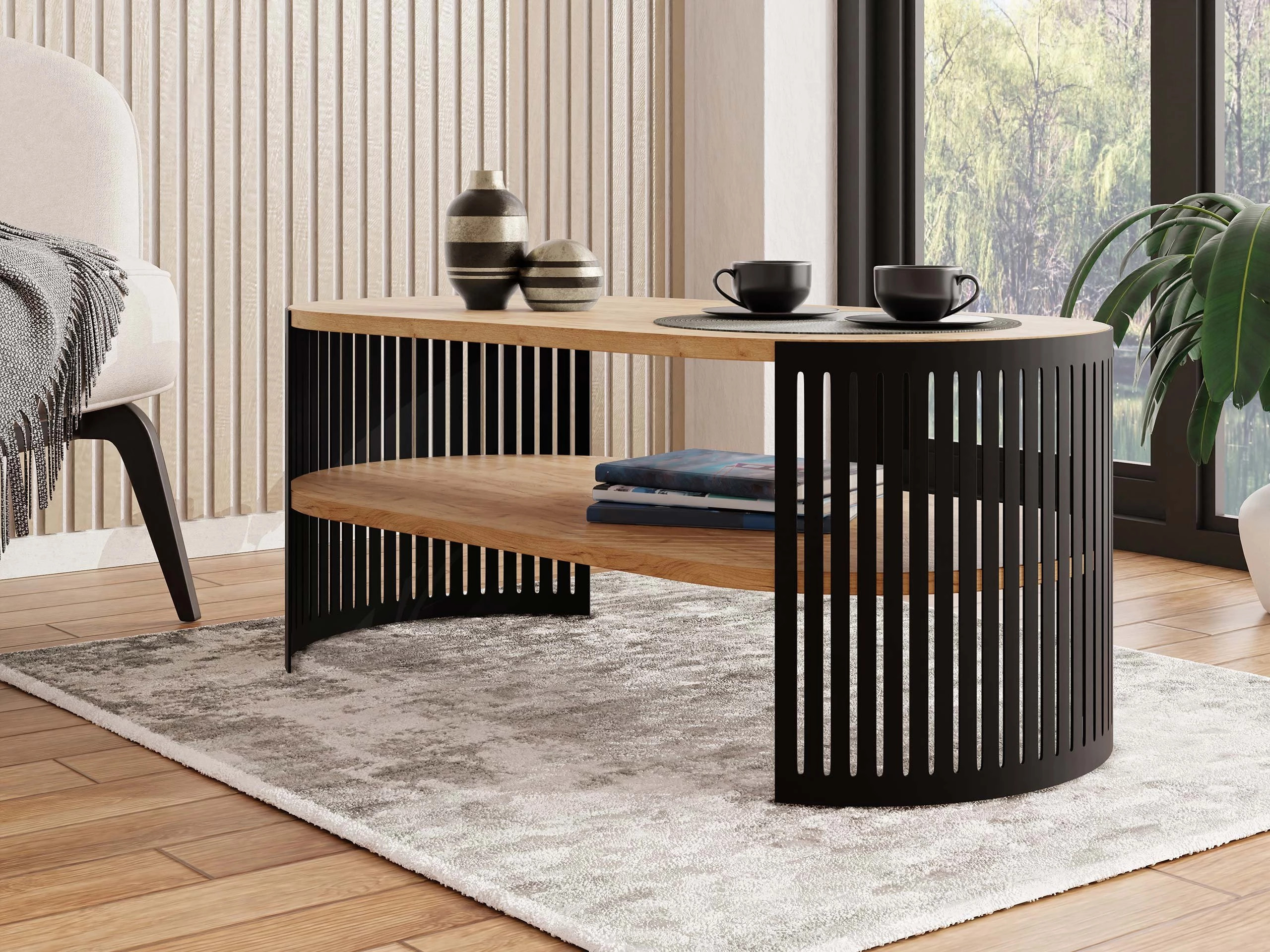 Table basse Civer III (Noir + Chêne doré artisanal)