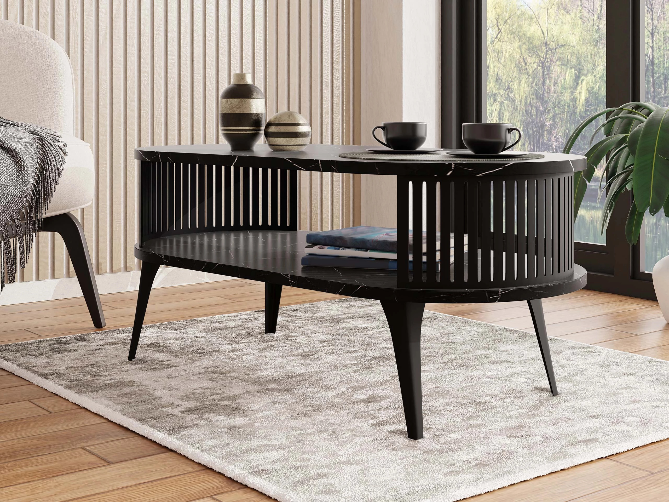 Table basse Vitum III (Noir + Marbre noir)