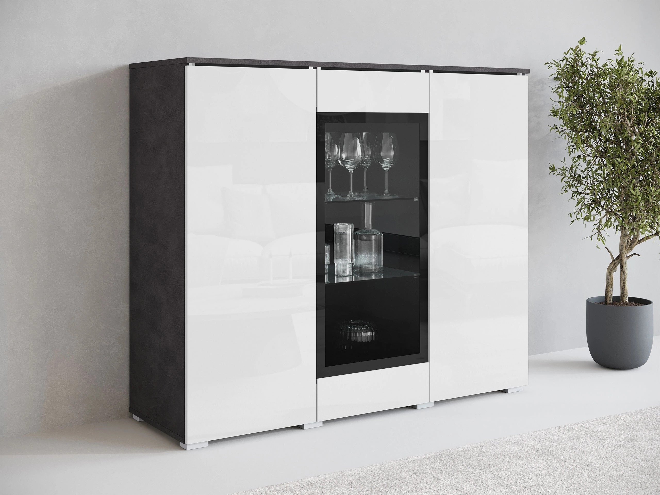 Buffet Mirfivo 103 (Matera gris + Blanc brillant)