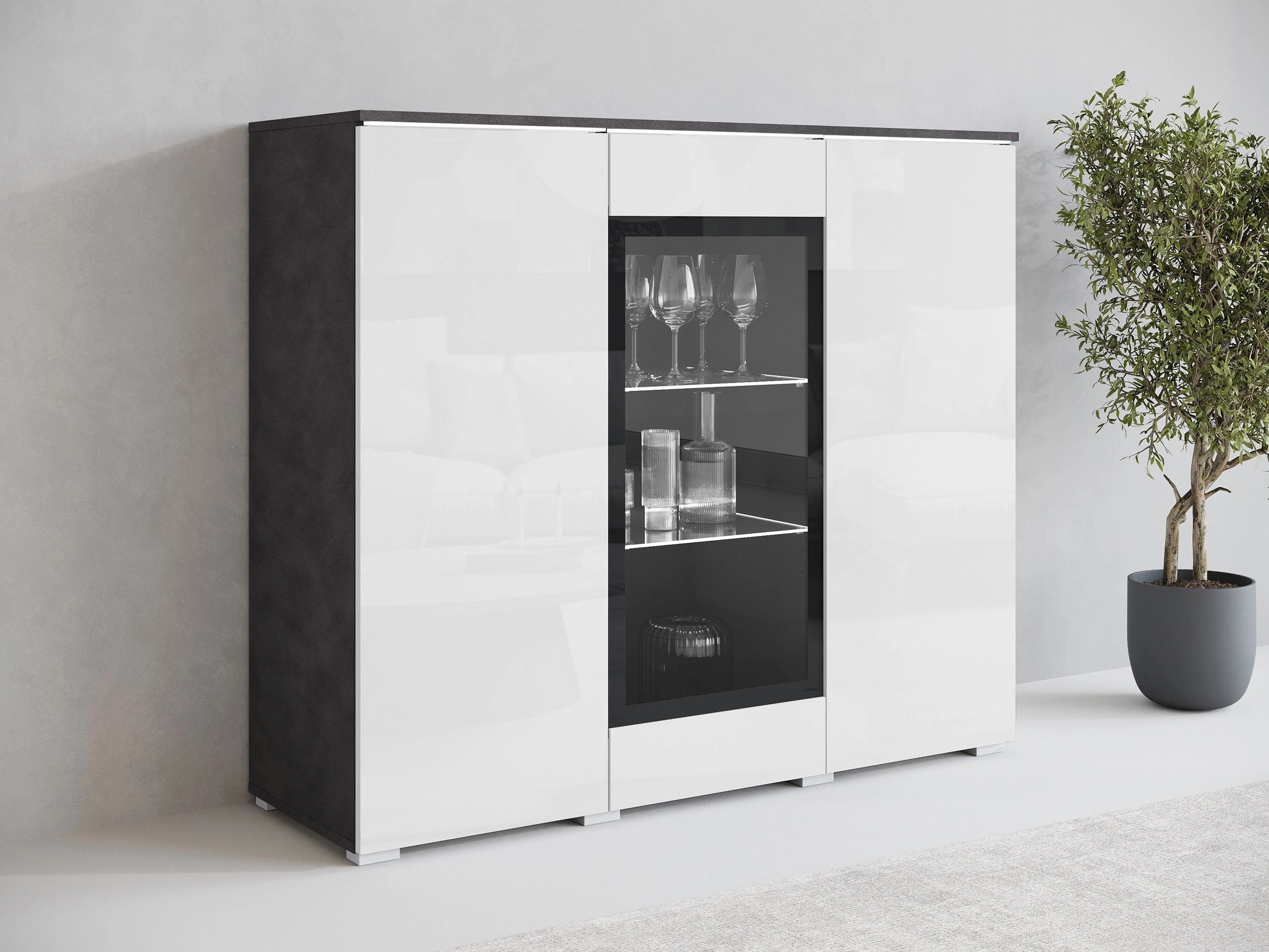 Buffet Mirfivo 103 (Matera gris + Blanc brillant)