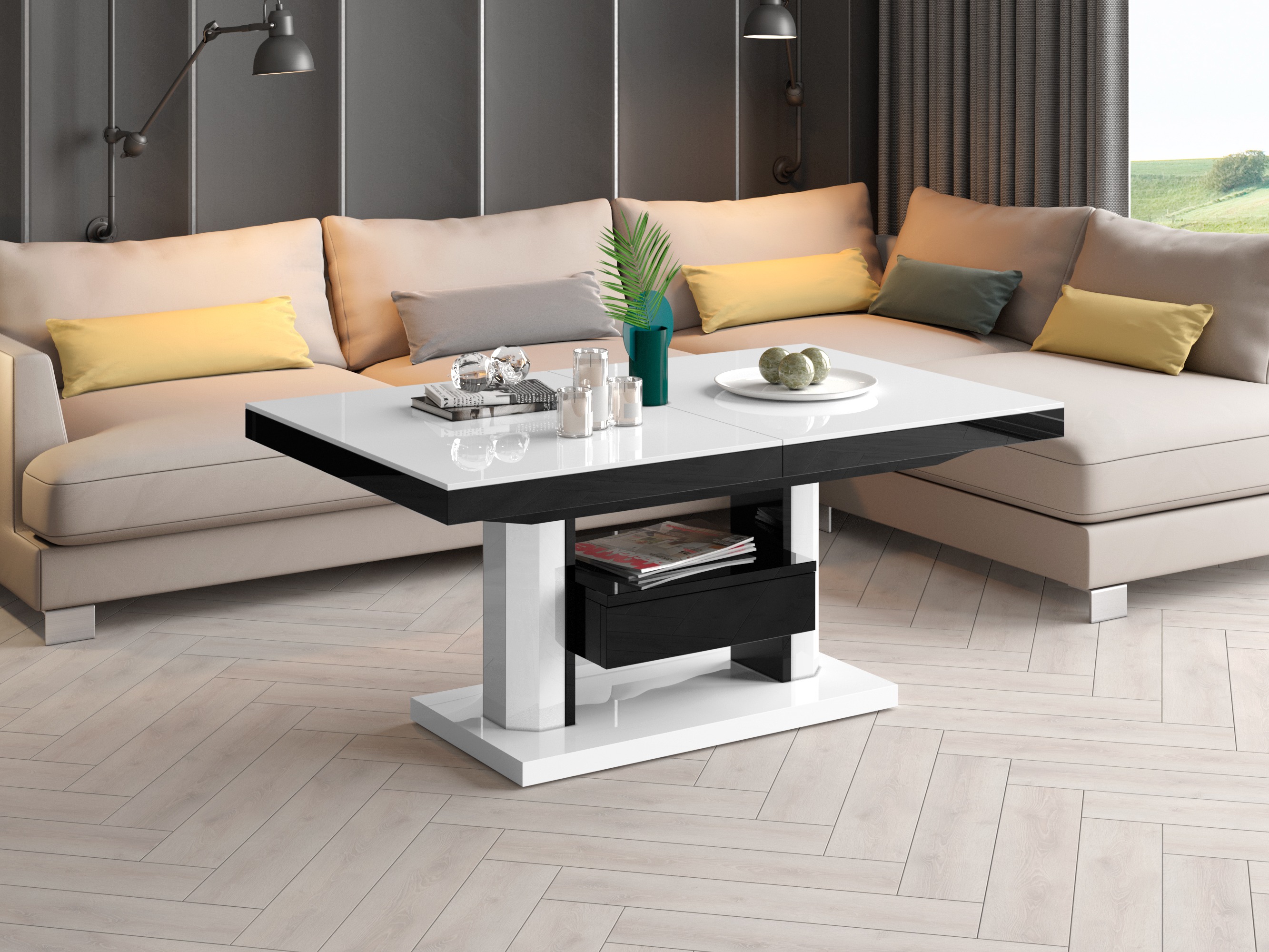 Table basse transformateur Hoboken 100 (Blanc brillant + Noir brillant)