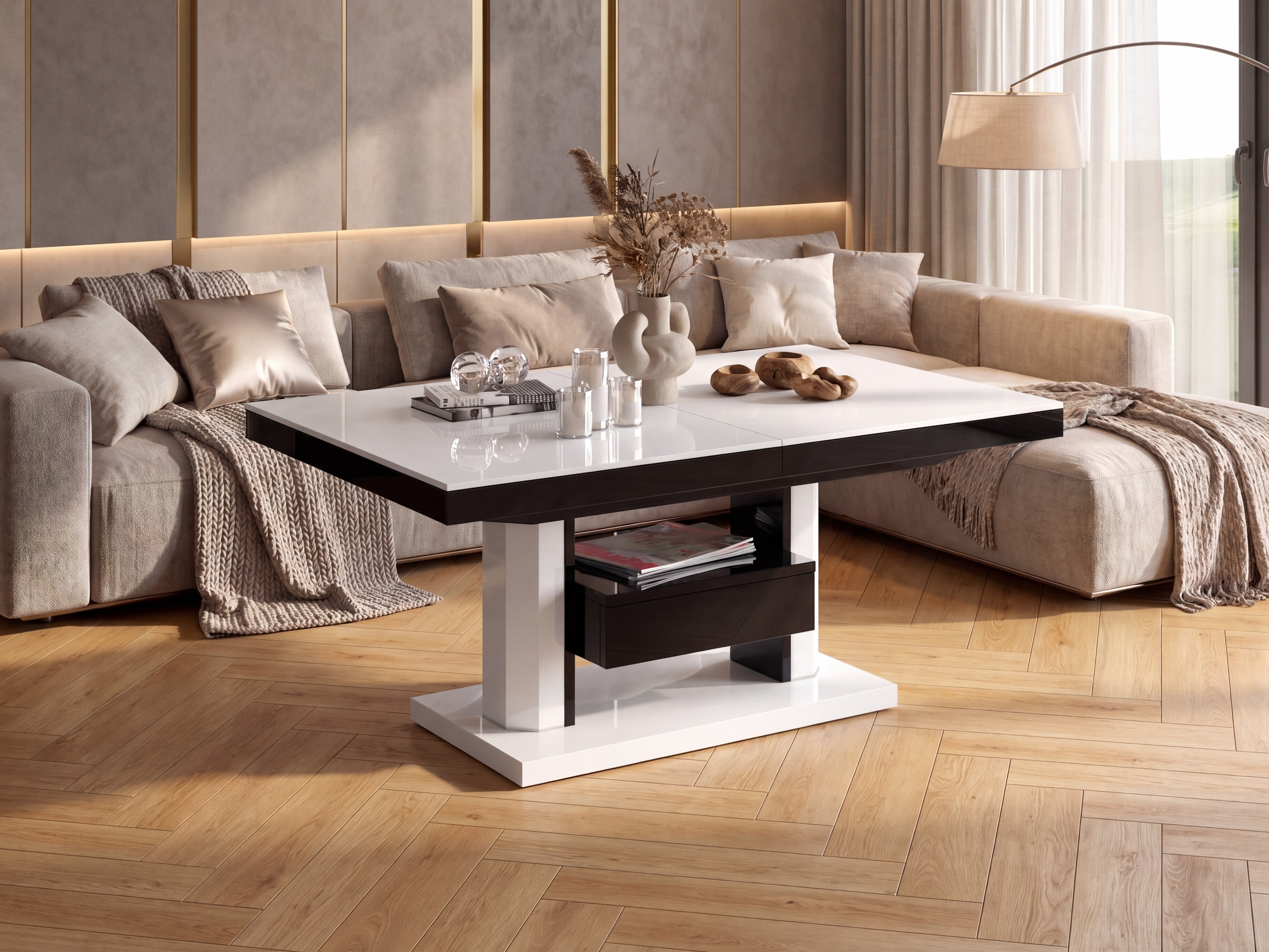 Table basse transformateur Hoboken 100 (Blanc brillant + Noir brillant)