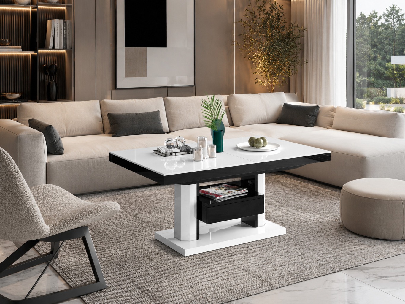 Table basse transformateur Hoboken 100 (Blanc brillant + Noir brillant)