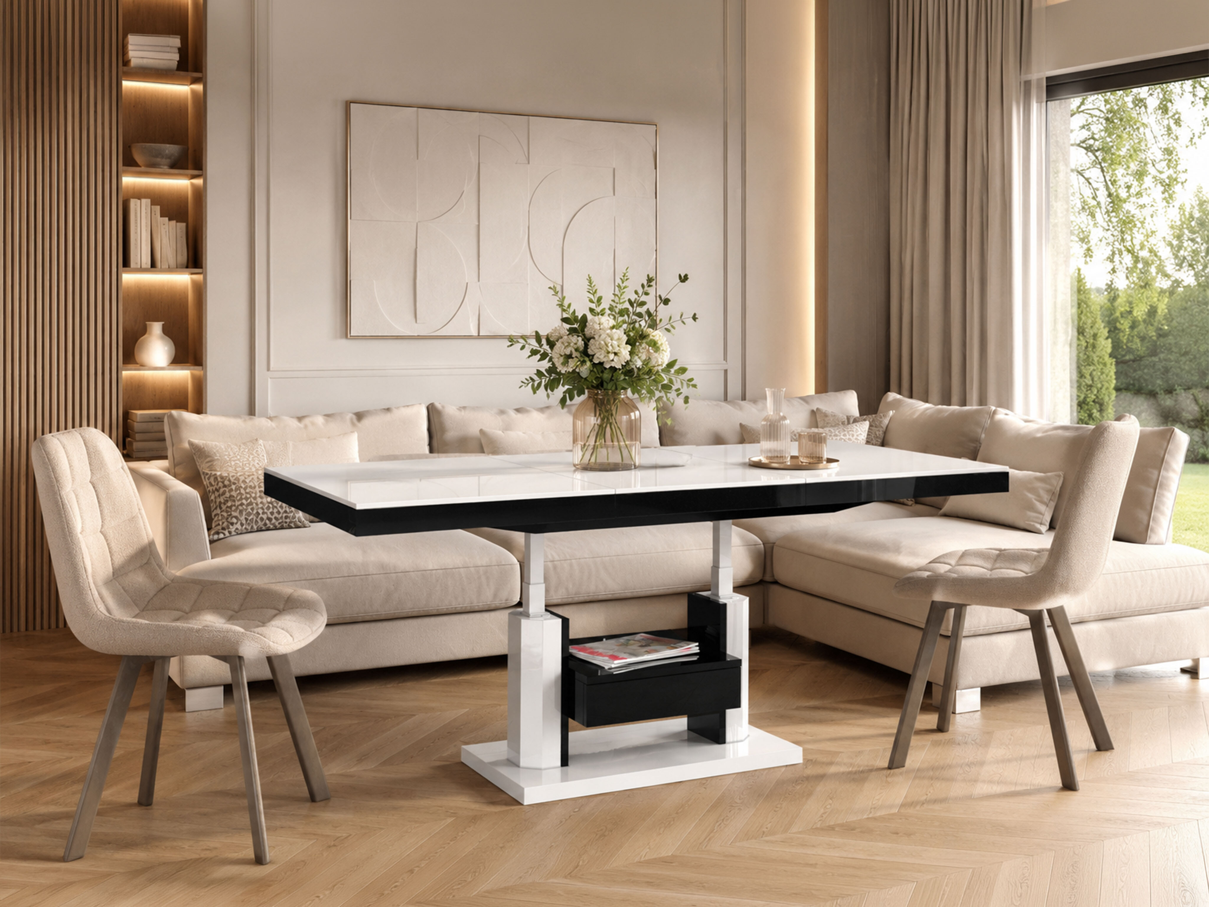 Table basse transformateur Hoboken 100 (Blanc brillant + Noir brillant)