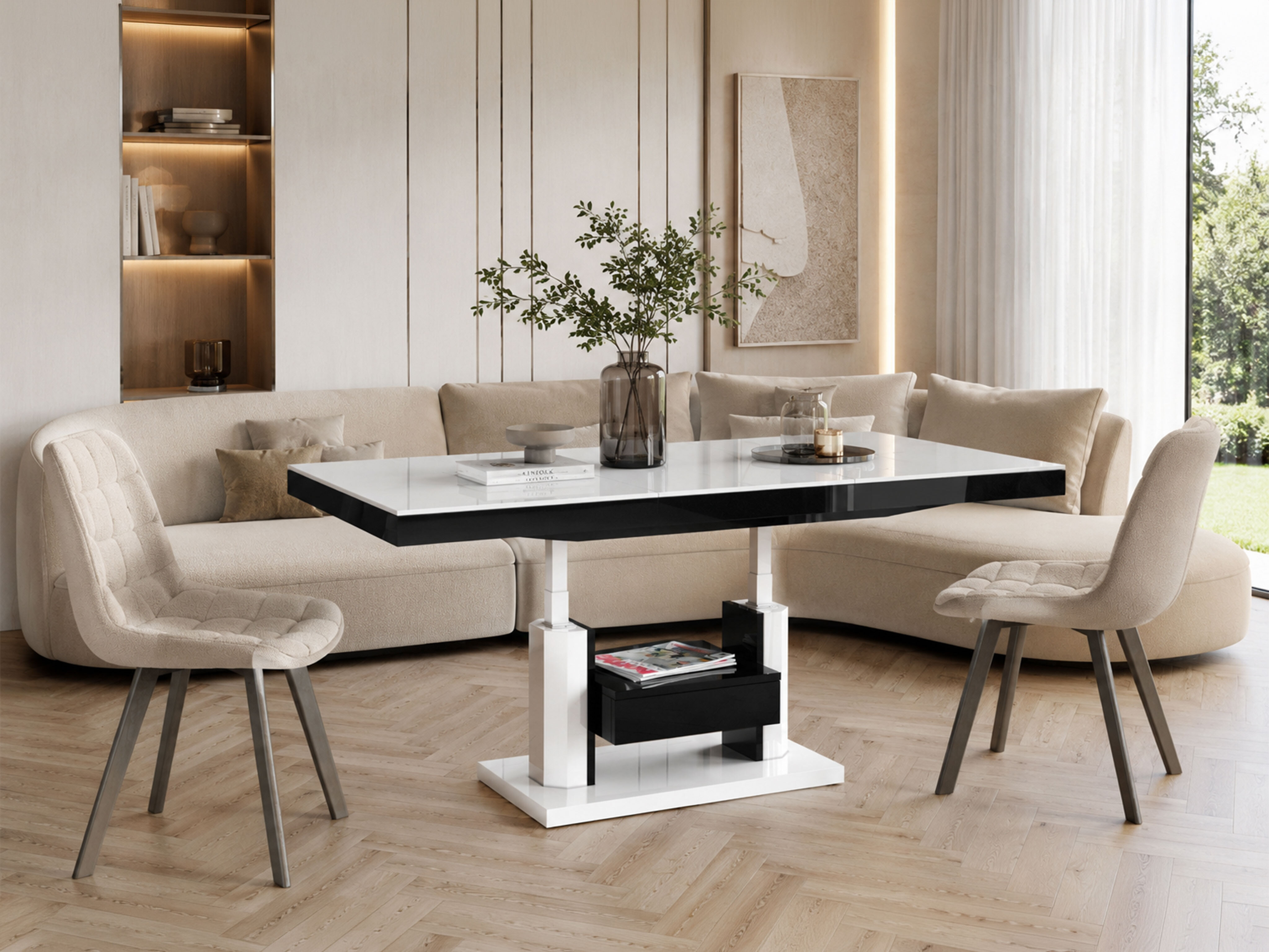 Table basse transformateur Hoboken 100 (Blanc brillant + Noir brillant)