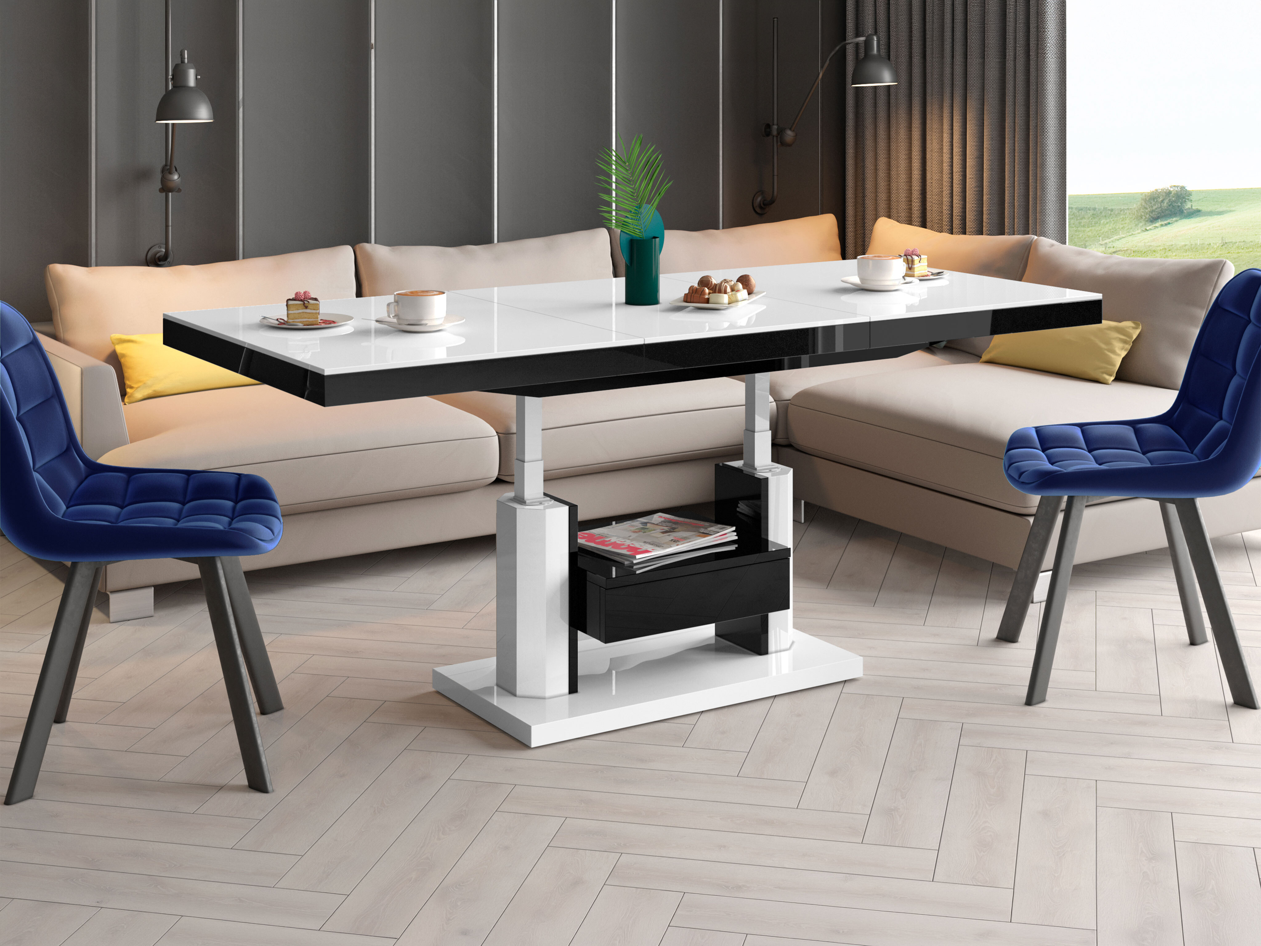 Table basse transformateur Hoboken 100 (Blanc brillant + Noir brillant)