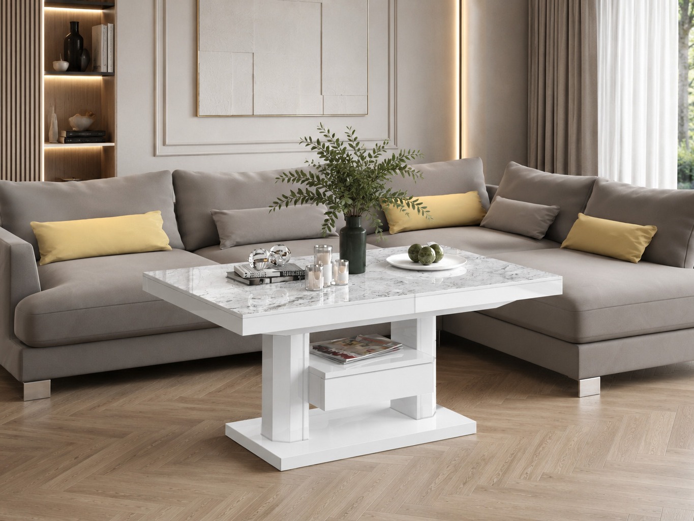 Table basse transformateur Hoboken 100 (Marbre blanc + Blanc brillant)