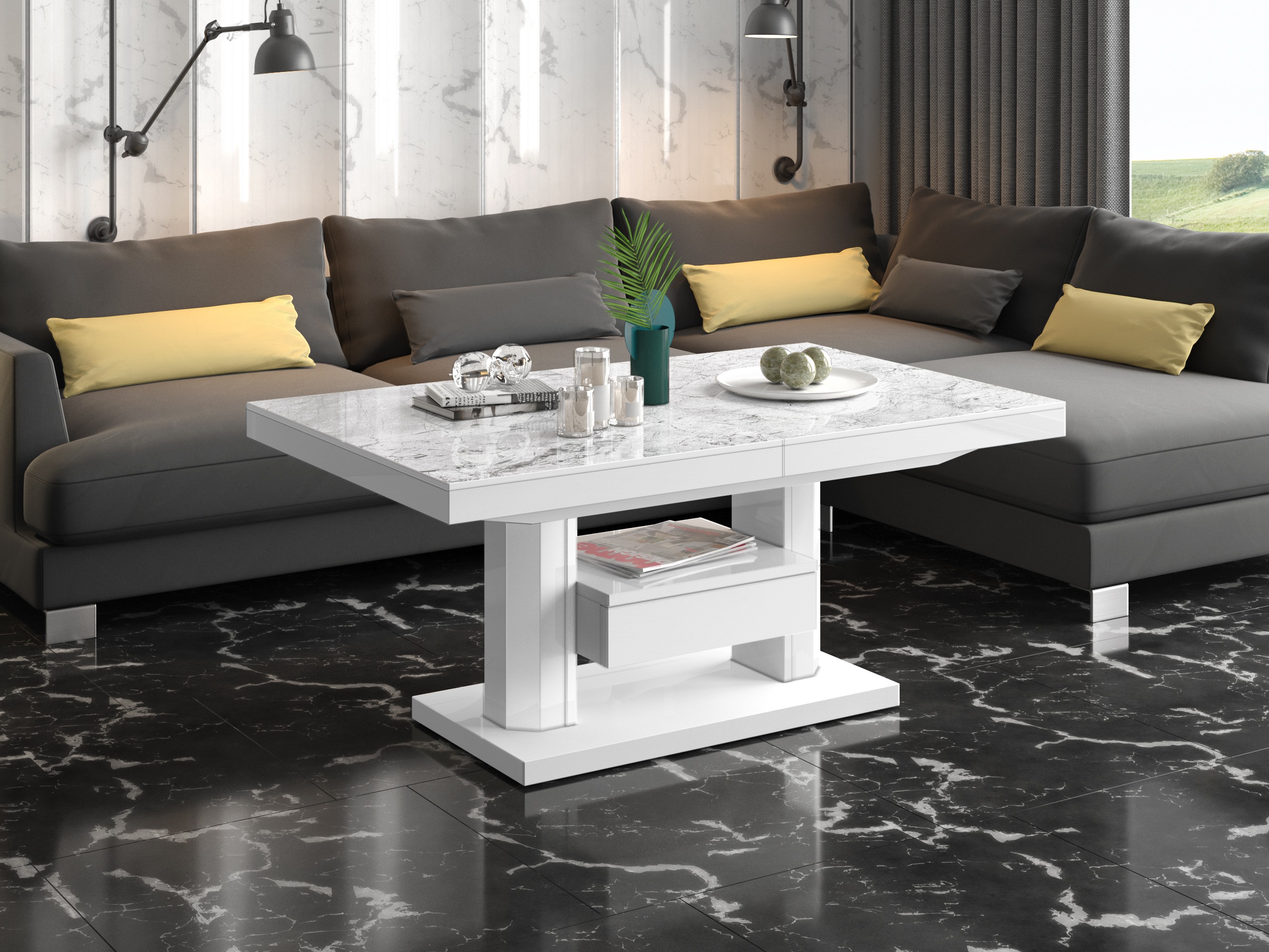 Table basse transformateur Hoboken 100 (Marbre blanc + Blanc brillant)