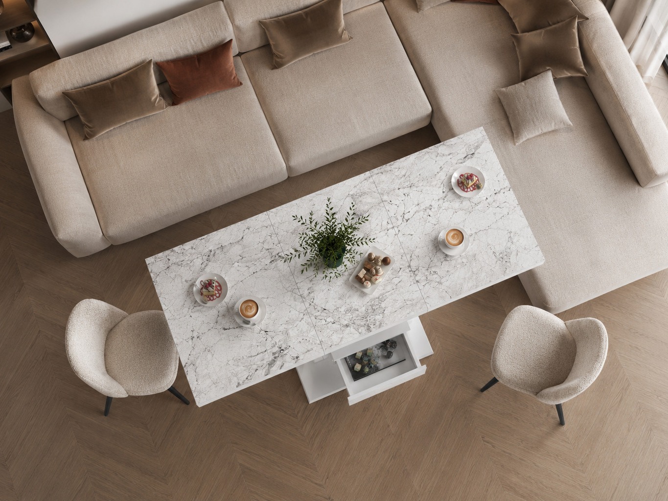 Table basse transformateur Hoboken 100 (Marbre blanc + Blanc brillant)