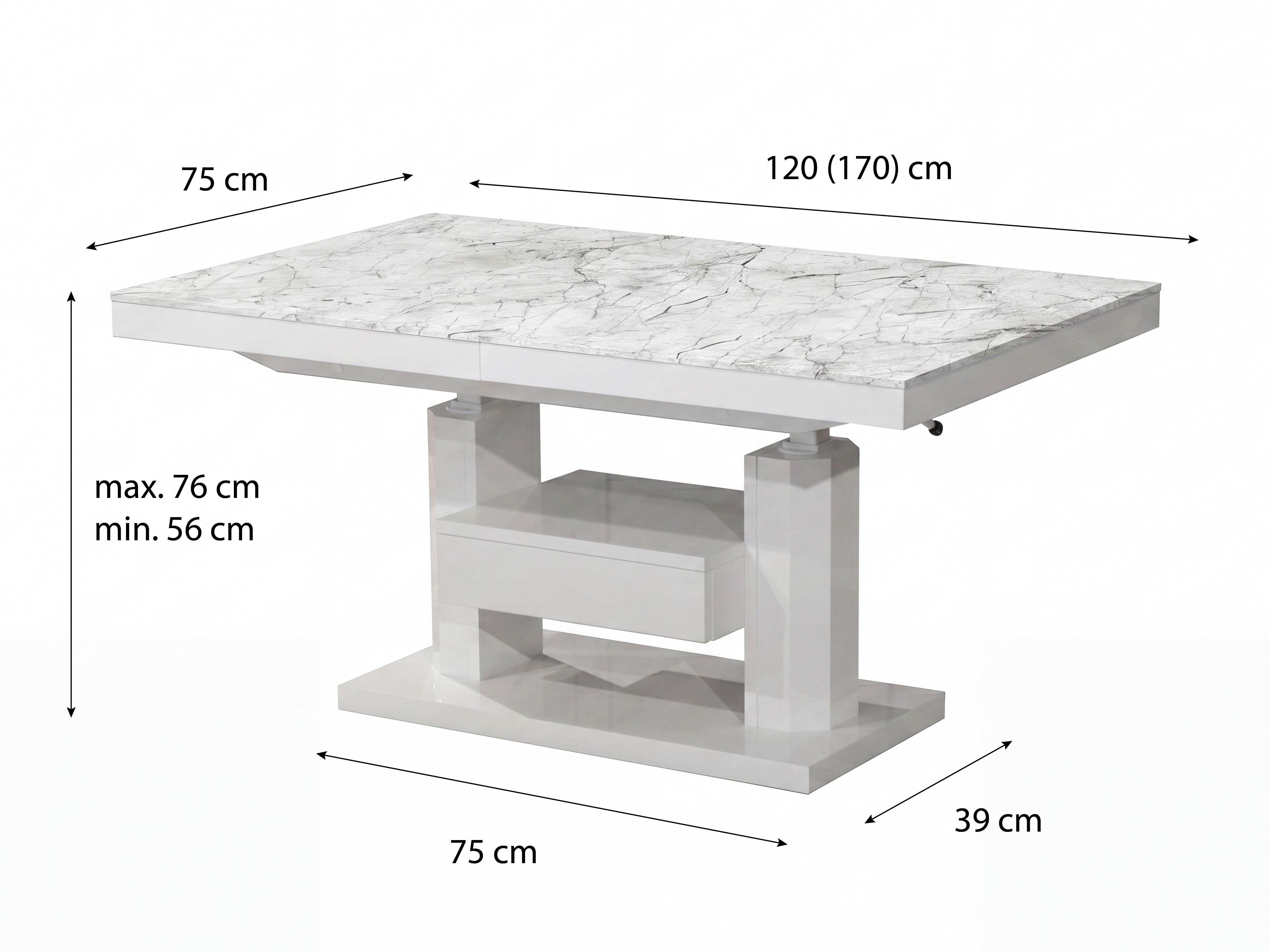 Table basse transformateur Hoboken 100 (Marbre blanc + Blanc brillant)