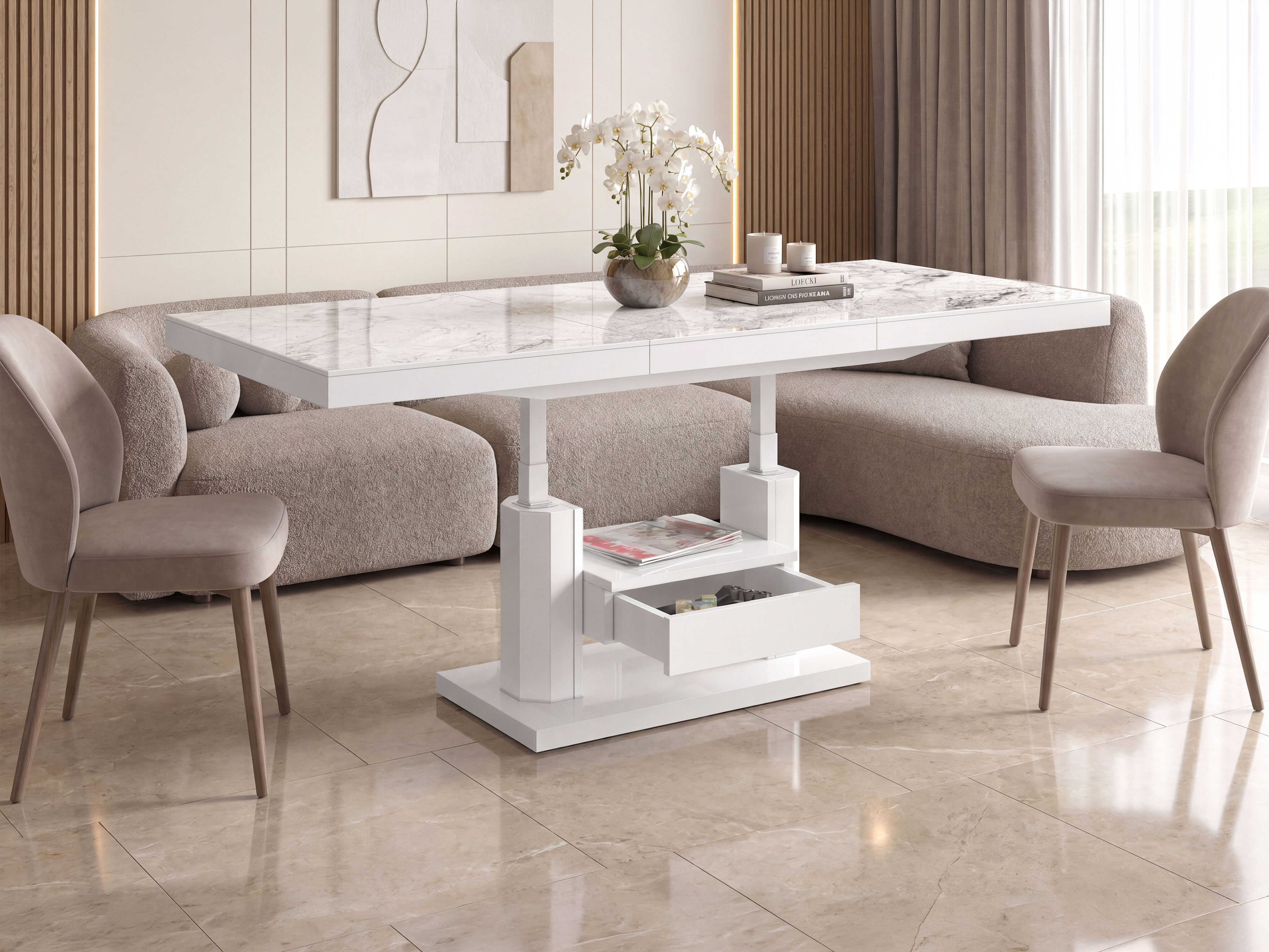 Table basse transformateur Hoboken 100 (Marbre blanc + Blanc brillant)