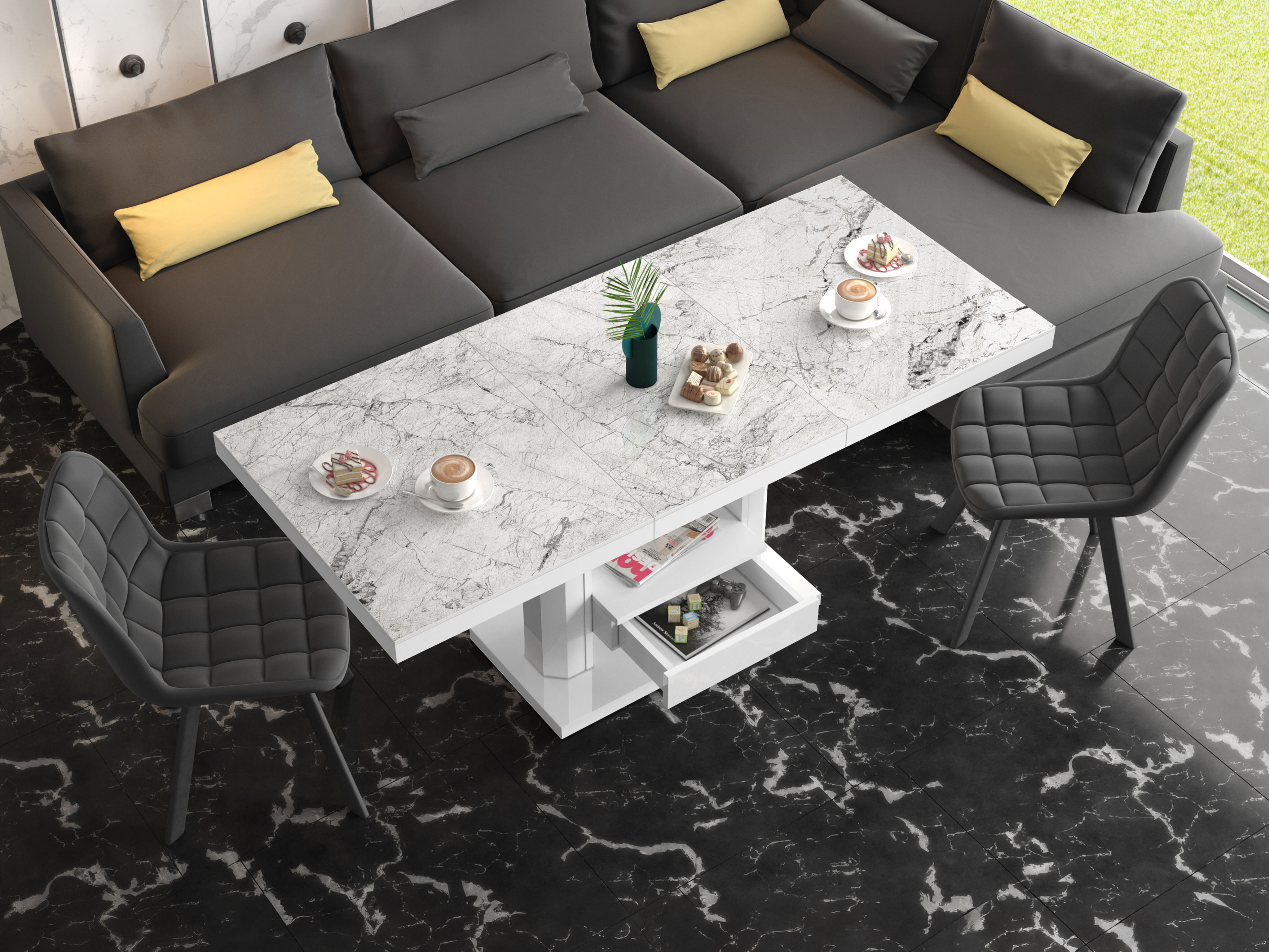 Table basse transformateur Hoboken 100 (Marbre blanc + Blanc brillant)