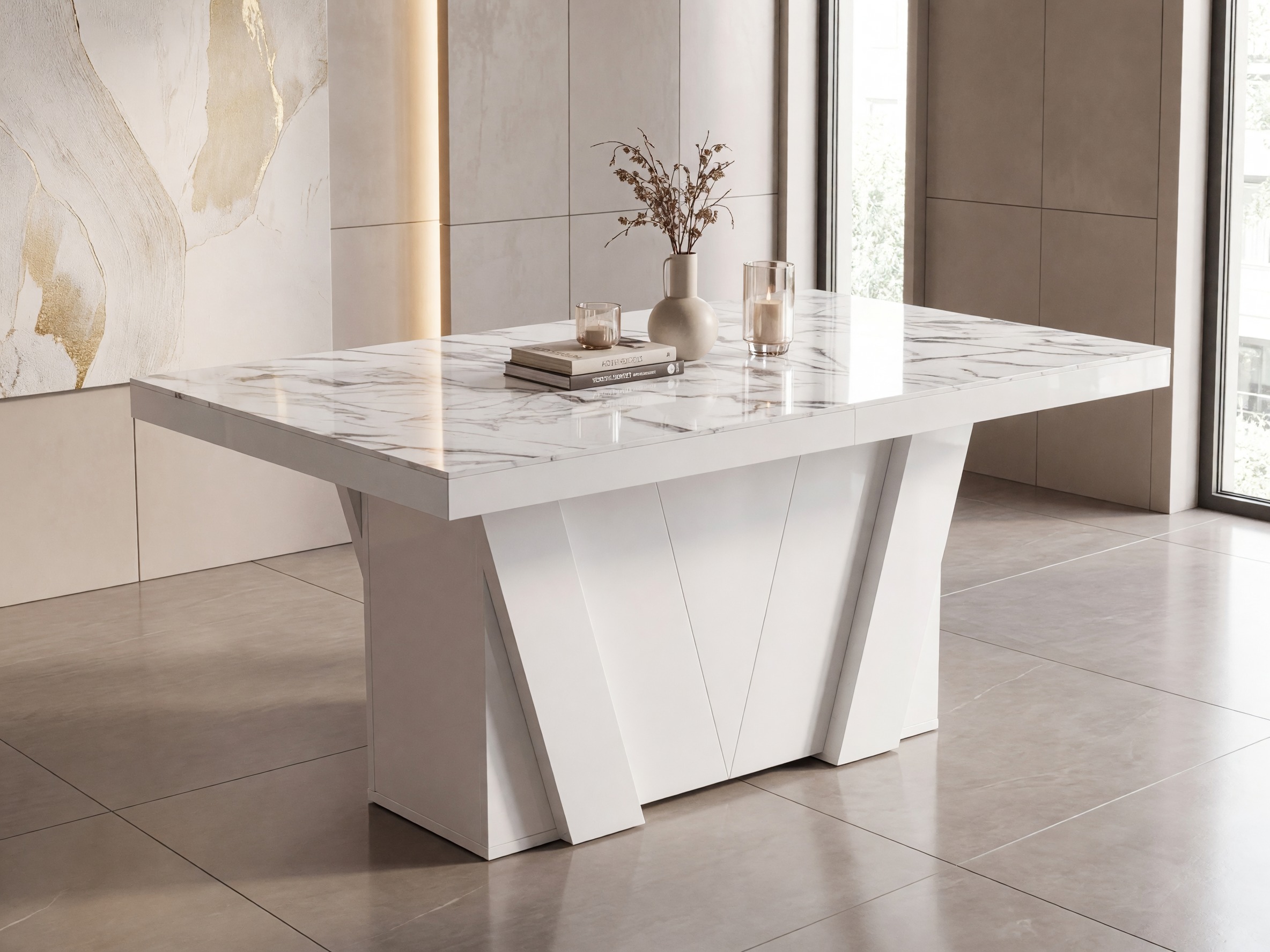 Table Hoboken 101 (Marbre blanc + Blanc brillant)