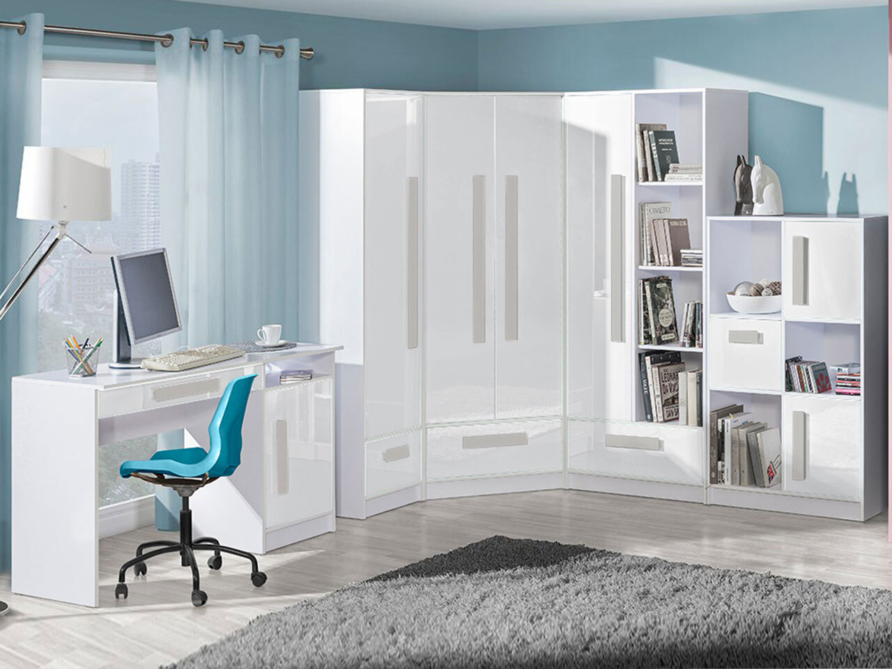 Armoire d'angle Merevari 103 (Blanc + Blanc brillant + Gris)
