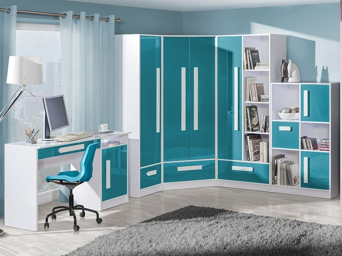 Armoire d'angle Merevari 103 (Blanc + Brillant Turquoise)