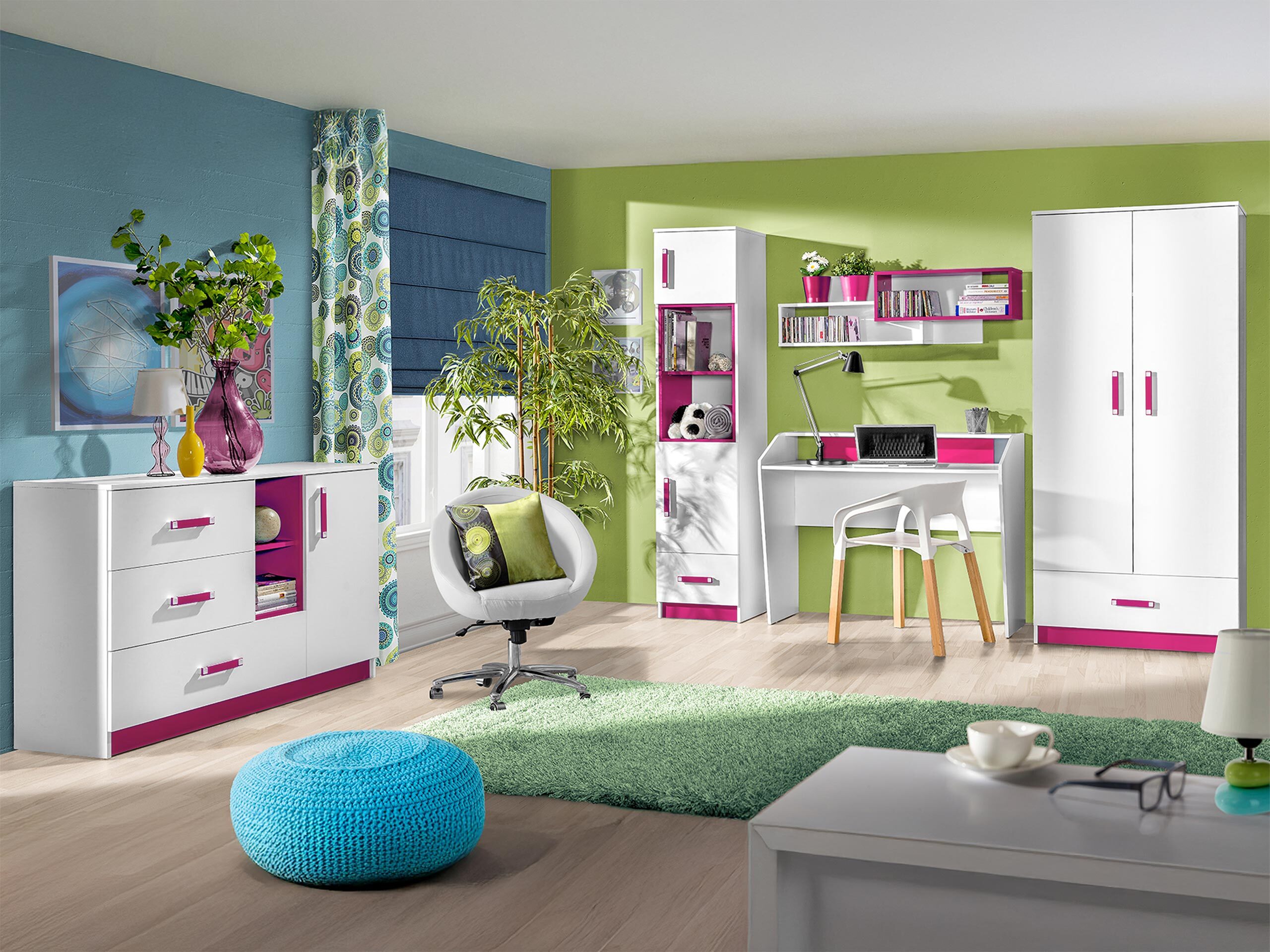 Chambre enfant complète Sorviru 107 (Blanc + Rose)