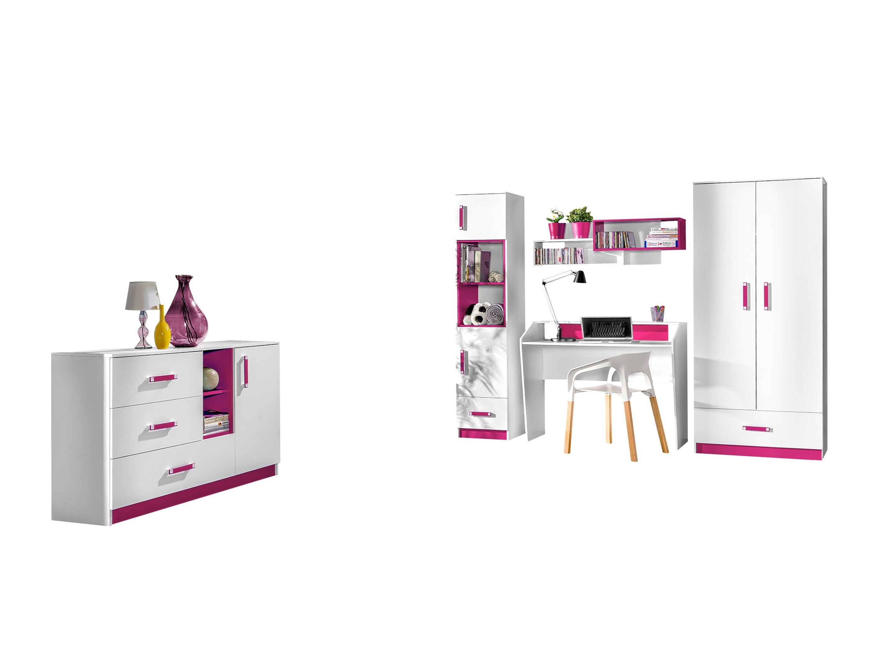 Chambre enfant complète Sorviru 107 (Blanc + Rose)