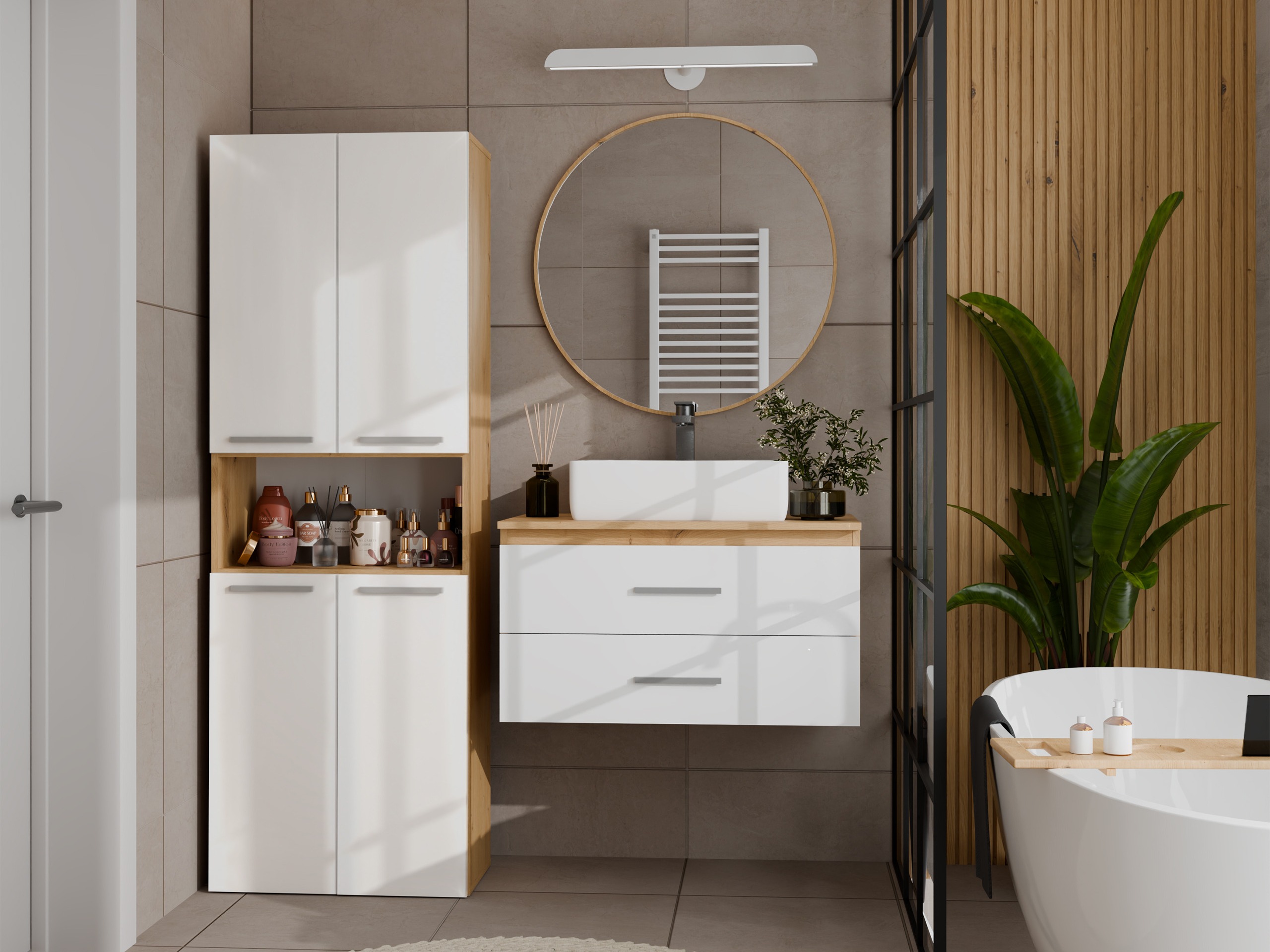 Armoire de bain à poser Nolmaru 101 (Chêne Artisan + Blanc brillant)