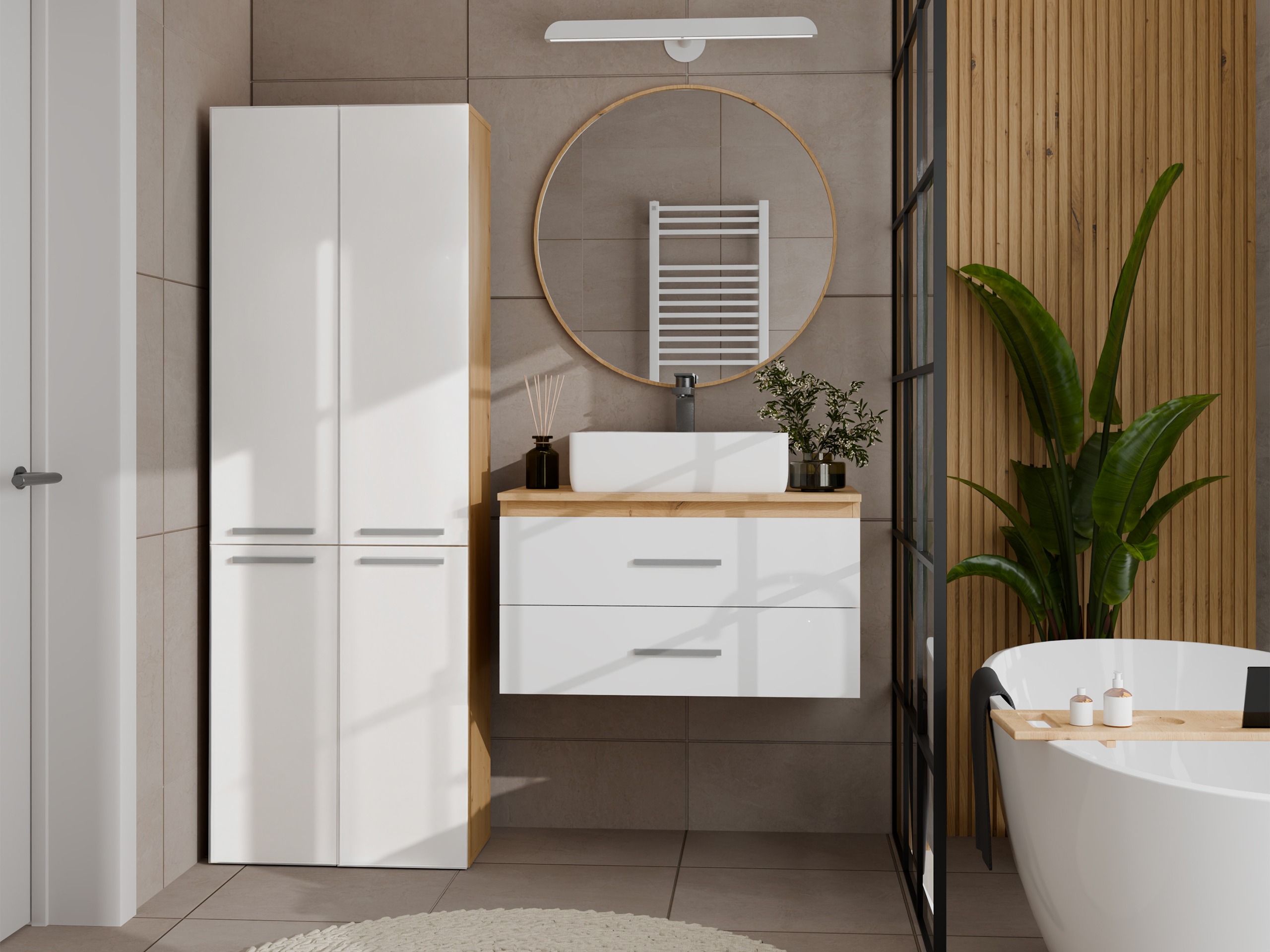 Armoire de bain à poser Nolmaru 102 (Chêne Artisan + Blanc brillant)