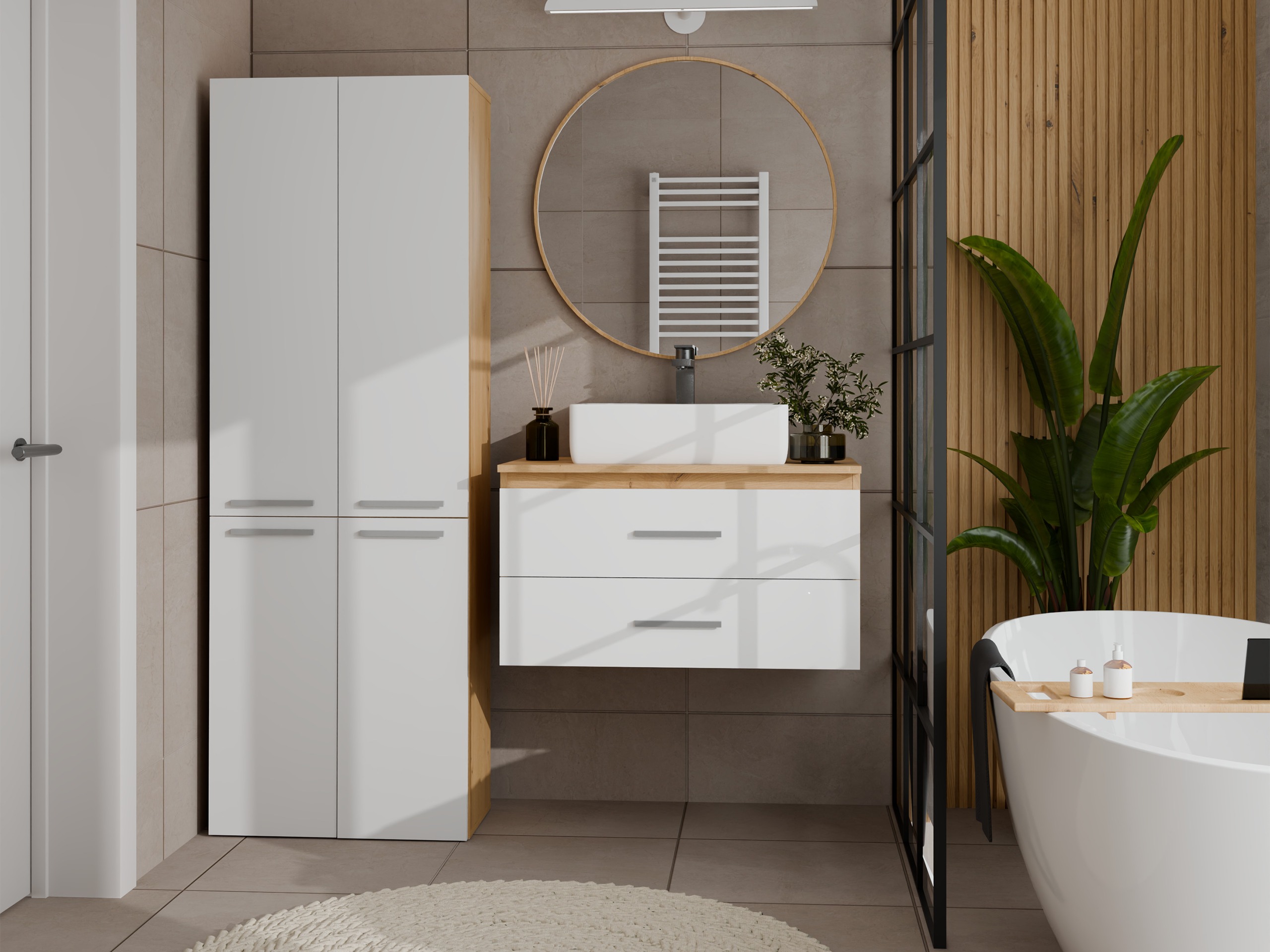 Armoire de bain à poser Nolmaru 102 (Chêne Artisan + Blanc)