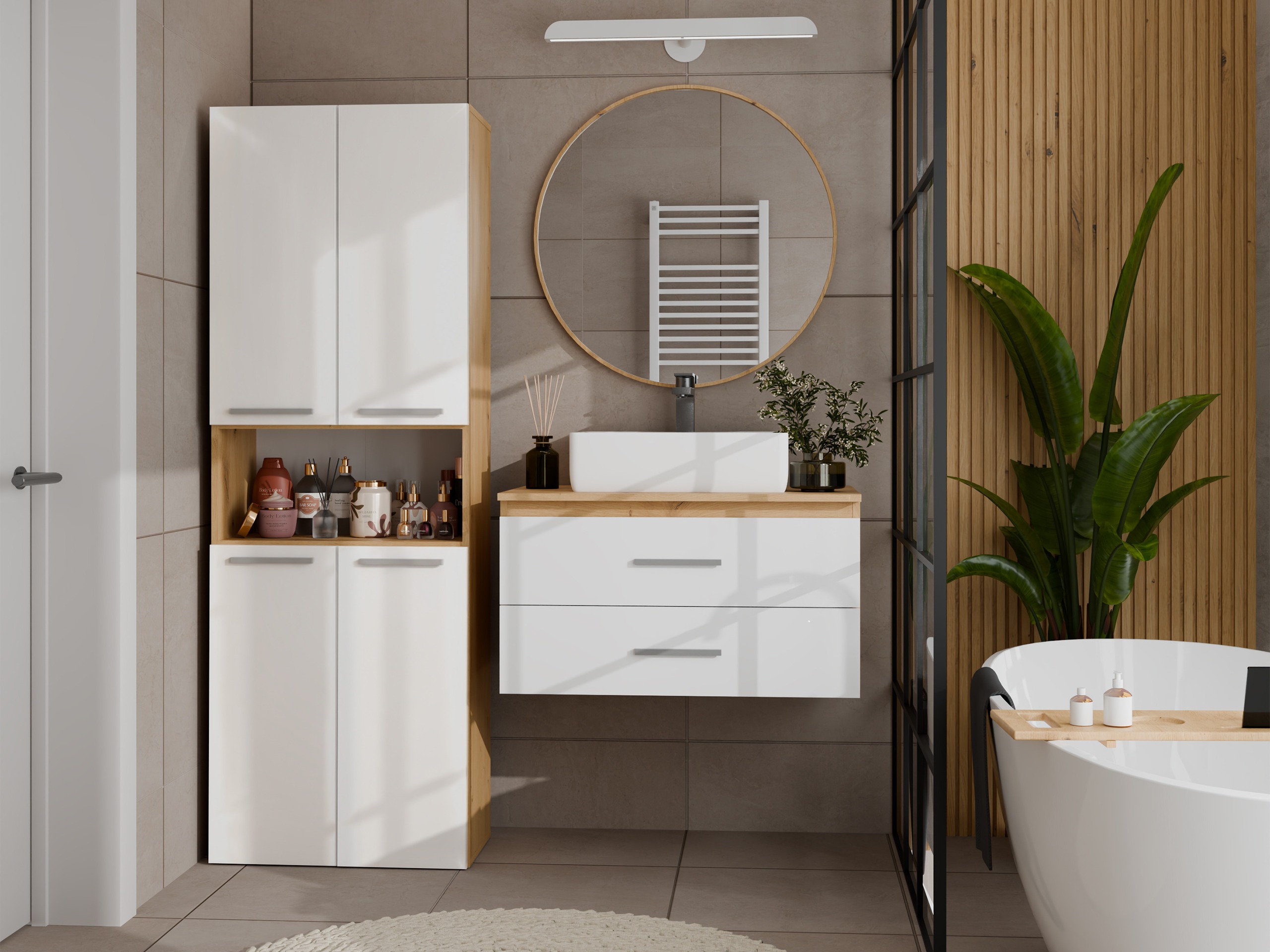 Armoire de bain à poser Nolmaru 103 (Chêne Artisan + Blanc brillant)
