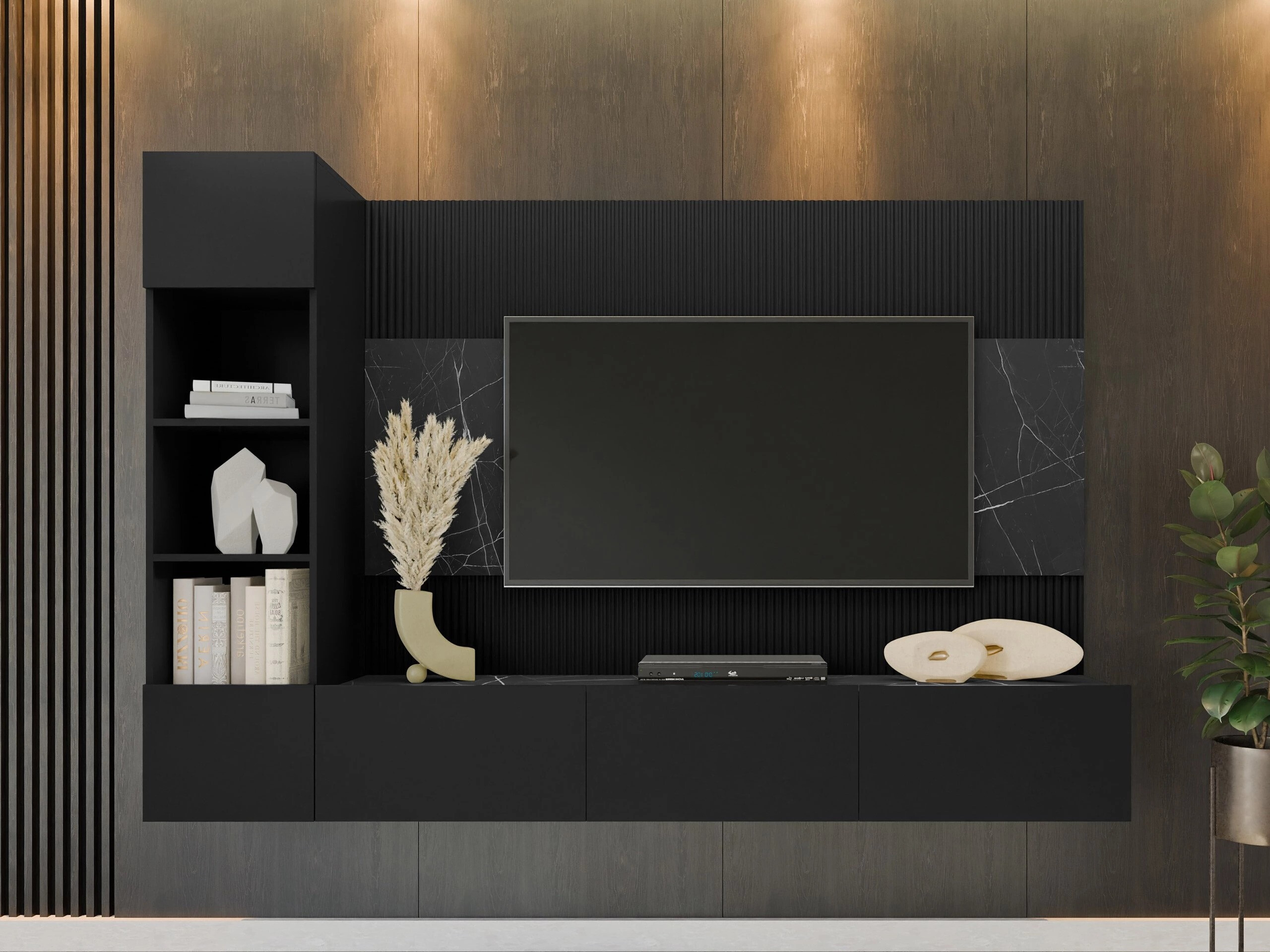 Ensemble de salon Comfivo Salix II (Noir + Marbre noir)