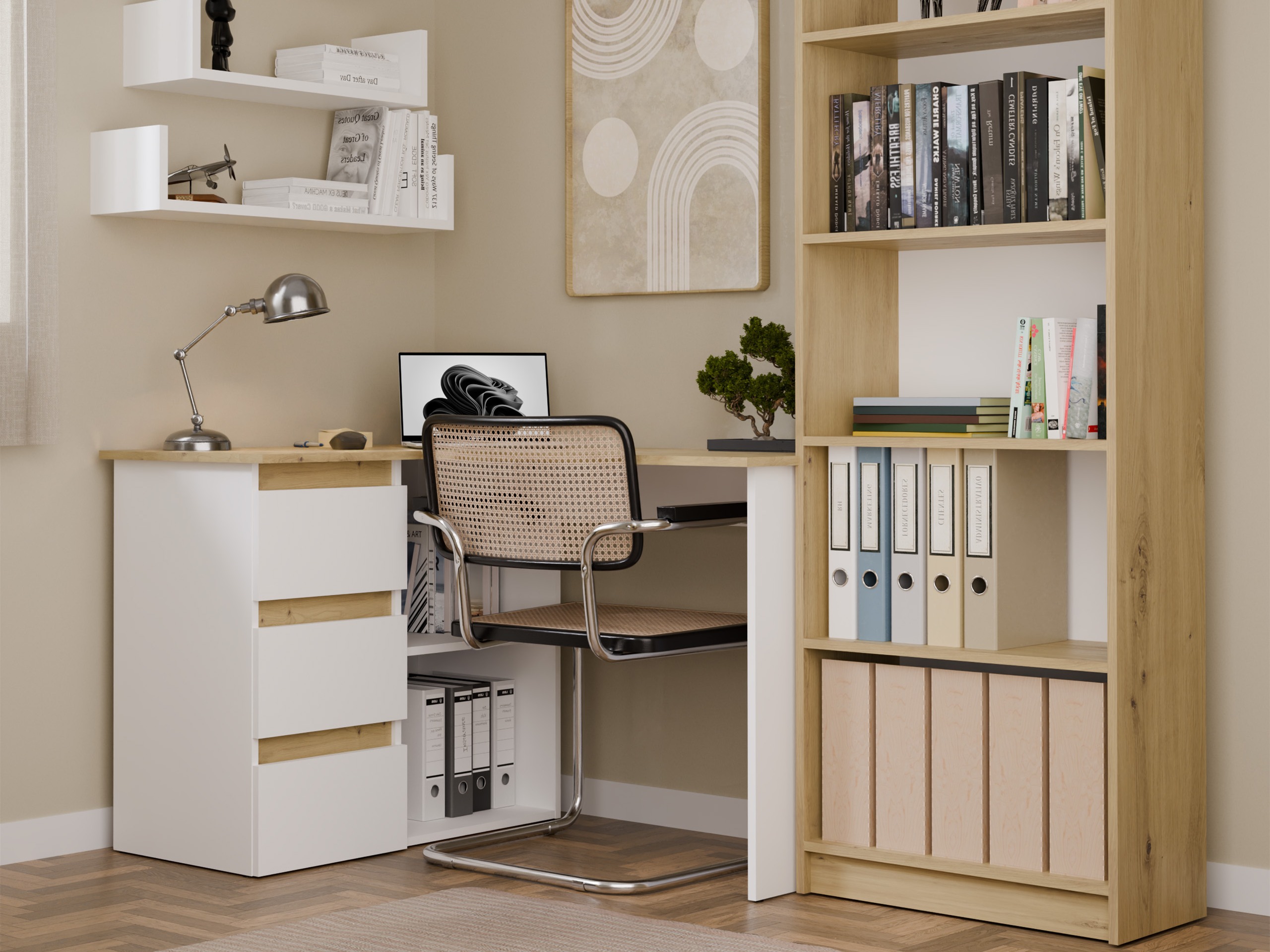 Bureau d'angle Mandeville 365 (Chêne Artisan + Blanc)