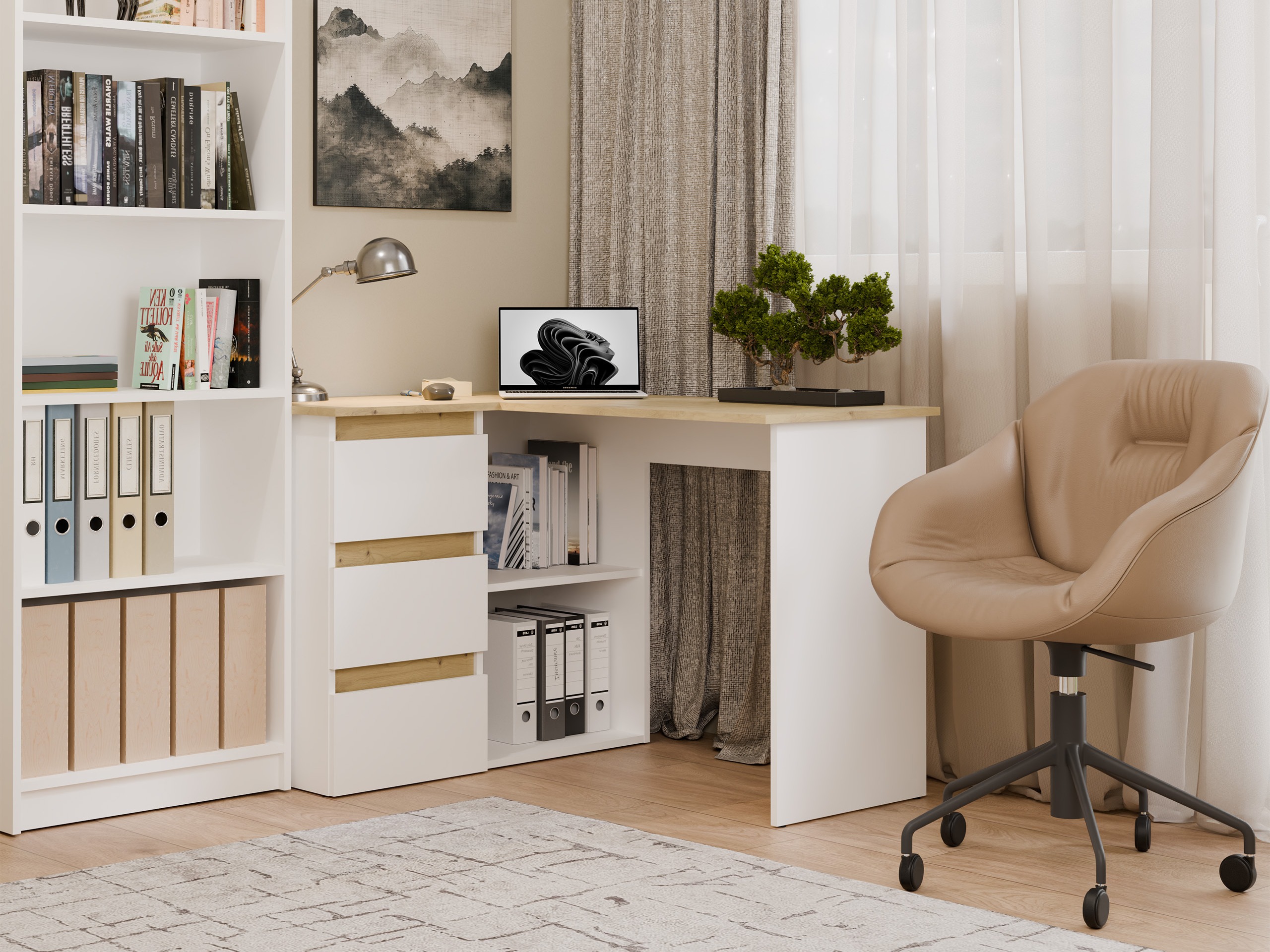 Bureau d'angle Mandeville 365 (Chêne Artisan + Blanc)