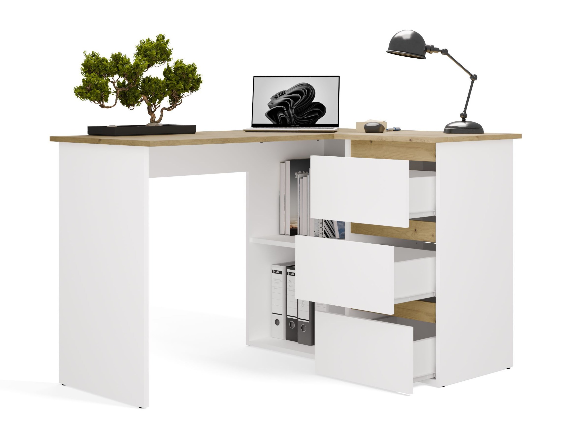 Bureau d'angle Mandeville 365 (Chêne Artisan + Blanc)