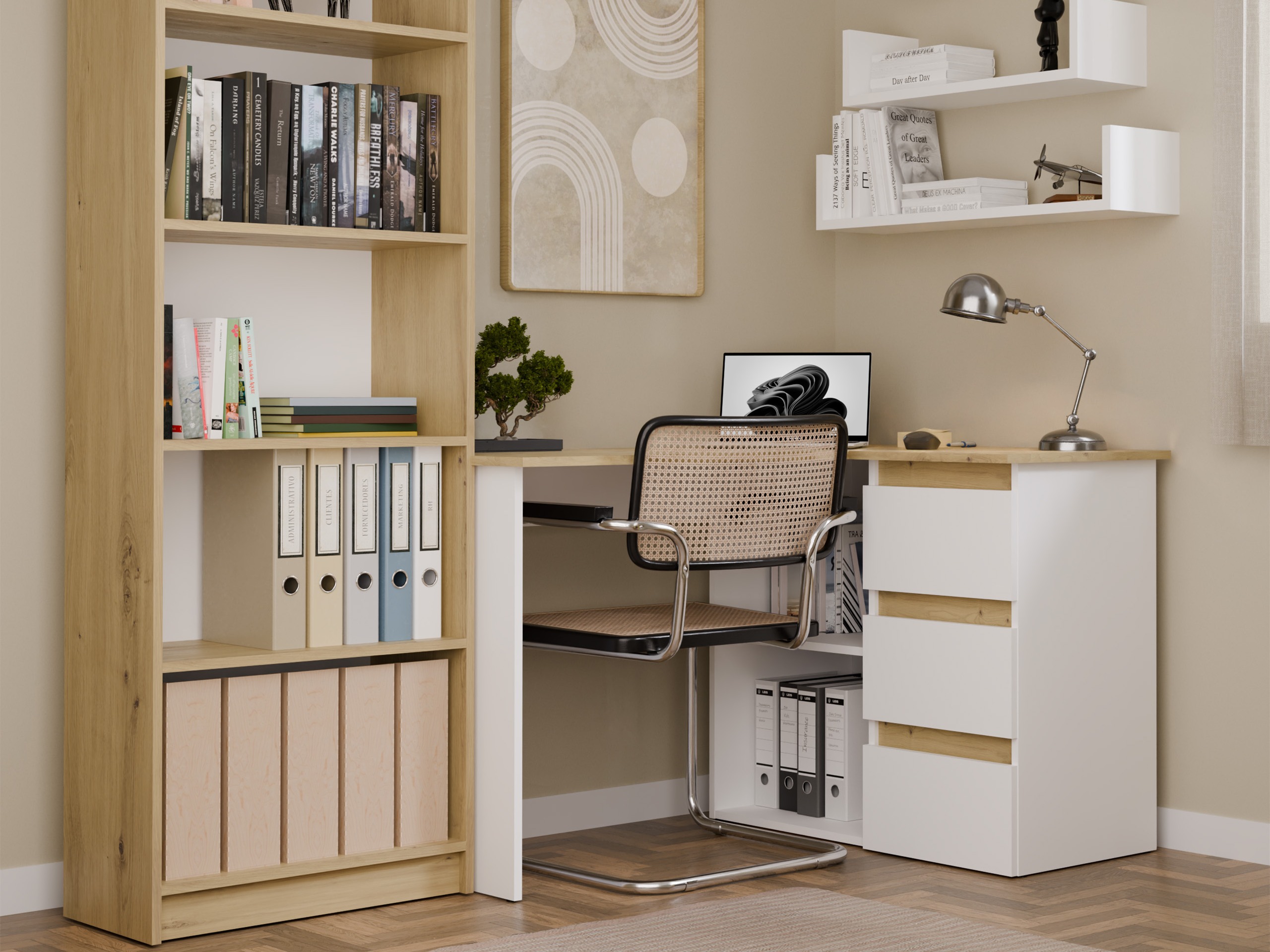 Bureau d'angle Mandeville 365 (Chêne Artisan + Blanc)
