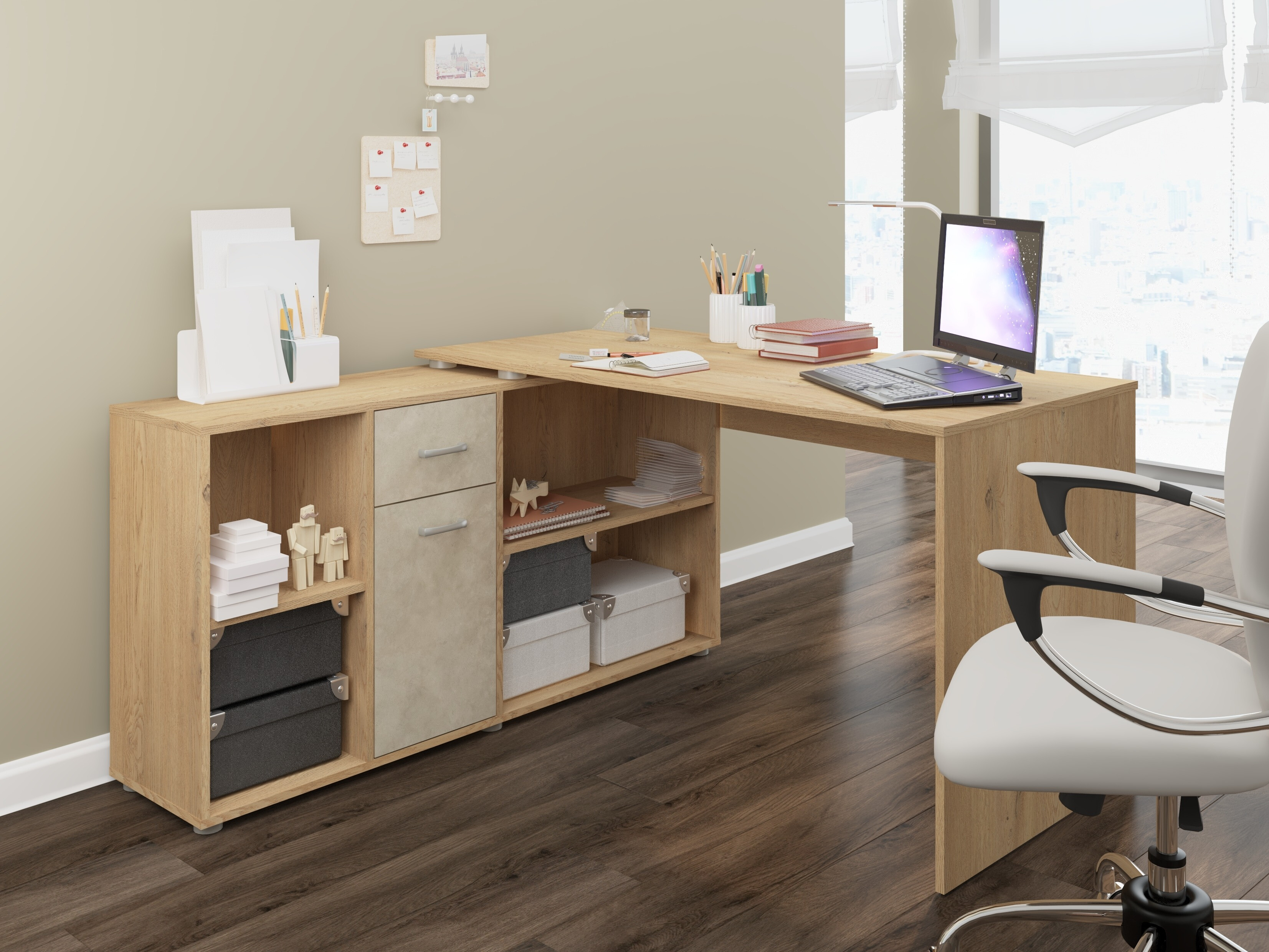 Bureau d'angle Gilroy 113 (Chêne Cremona + Beige)