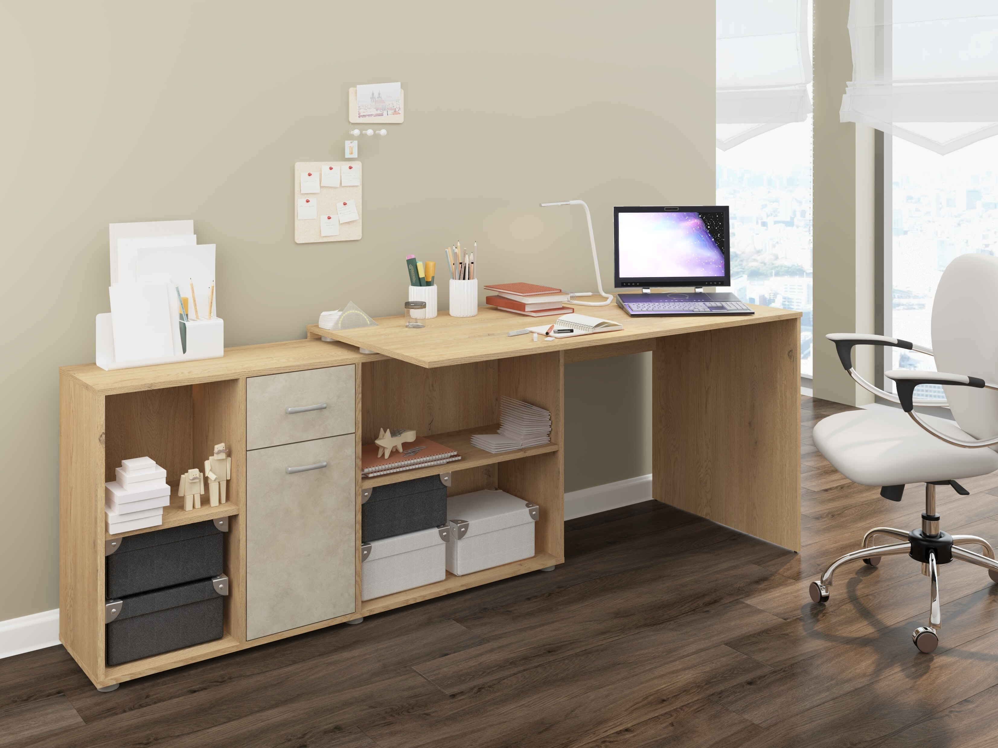 Bureau d'angle Gilroy 113 (Chêne Cremona + Beige)