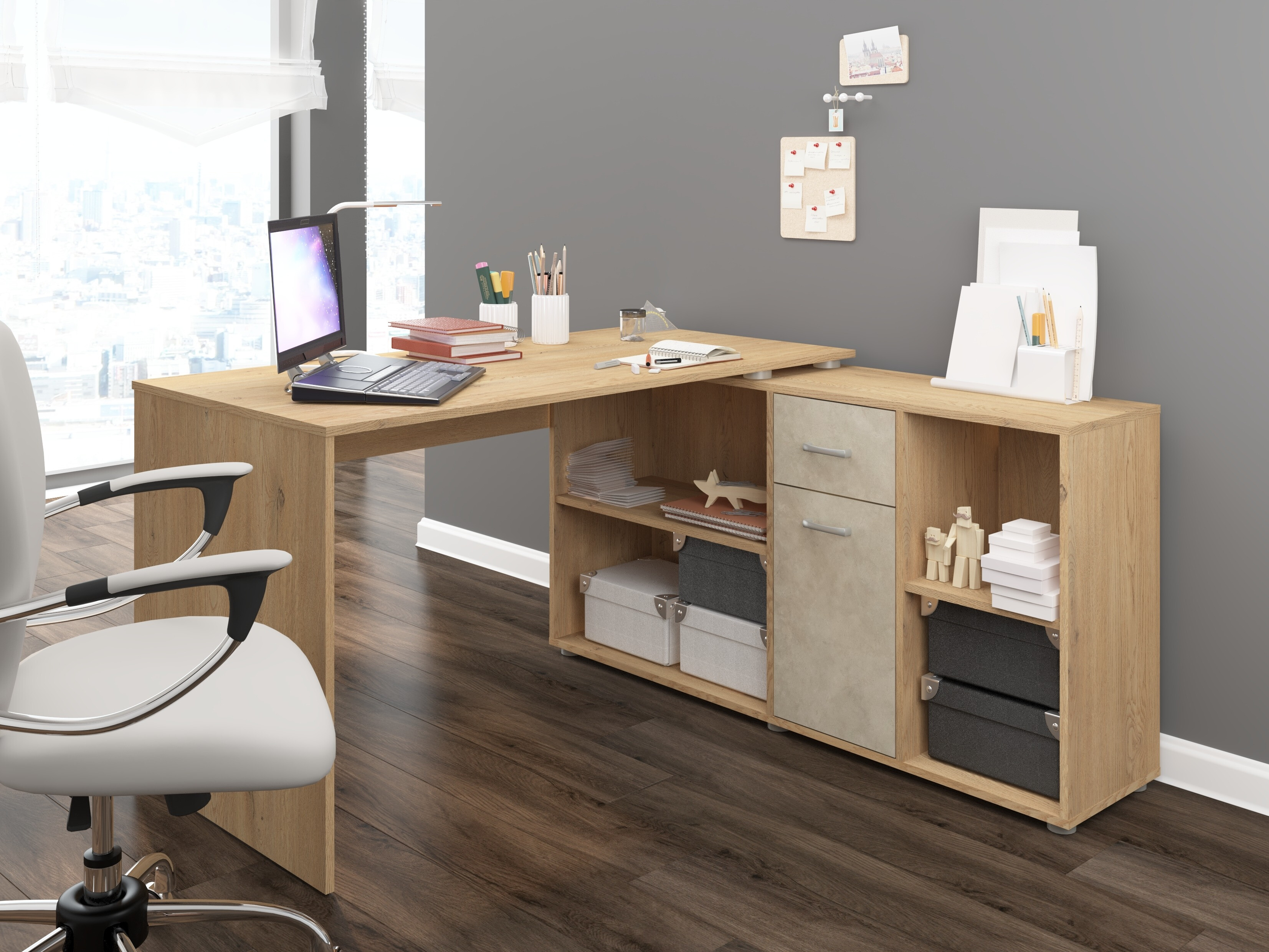 Bureau d'angle Gilroy 113 (Chêne Cremona + Beige)
