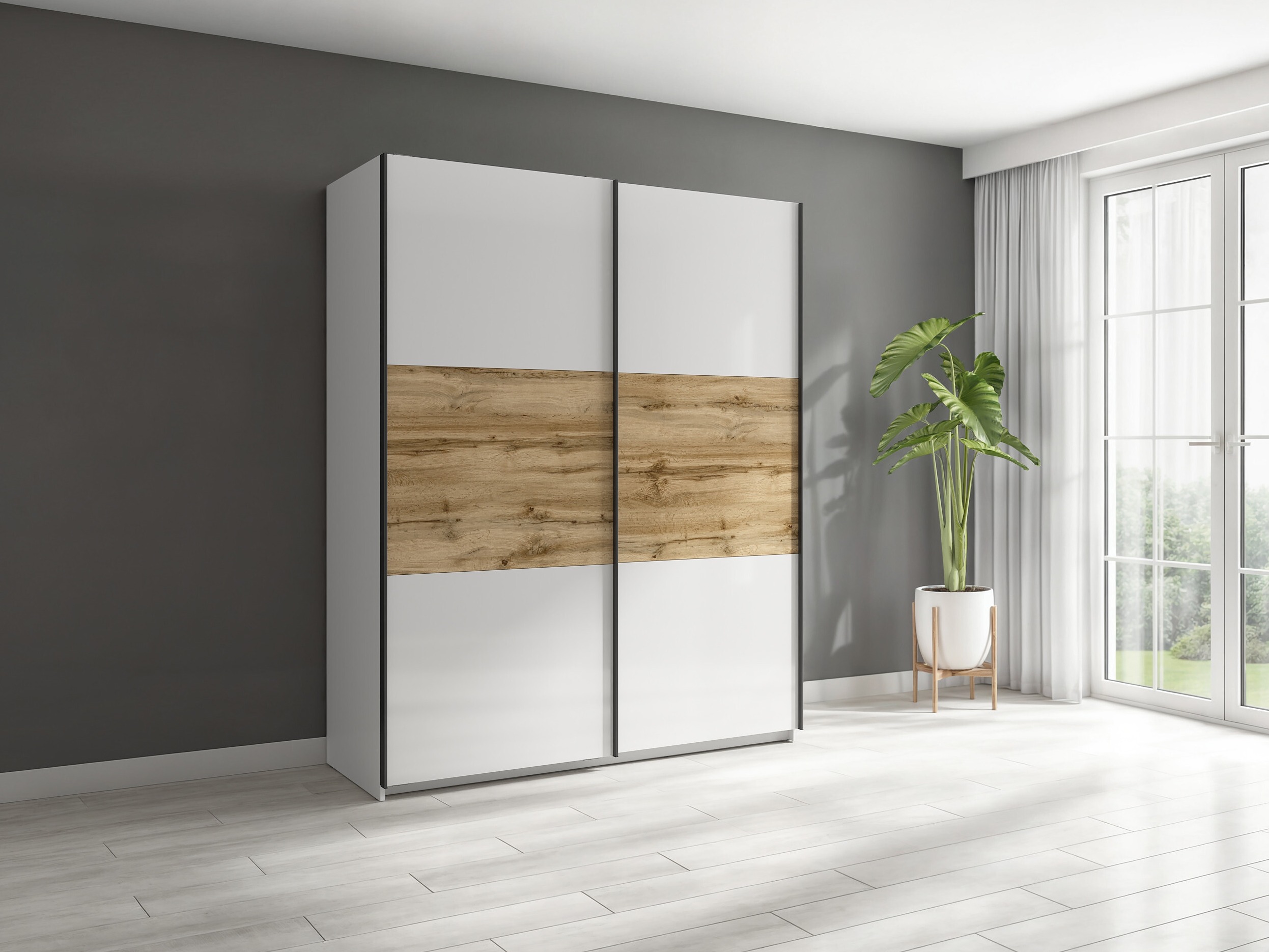 Armoire Livevaro 117 (Blanc brillant + Chêne wotan)