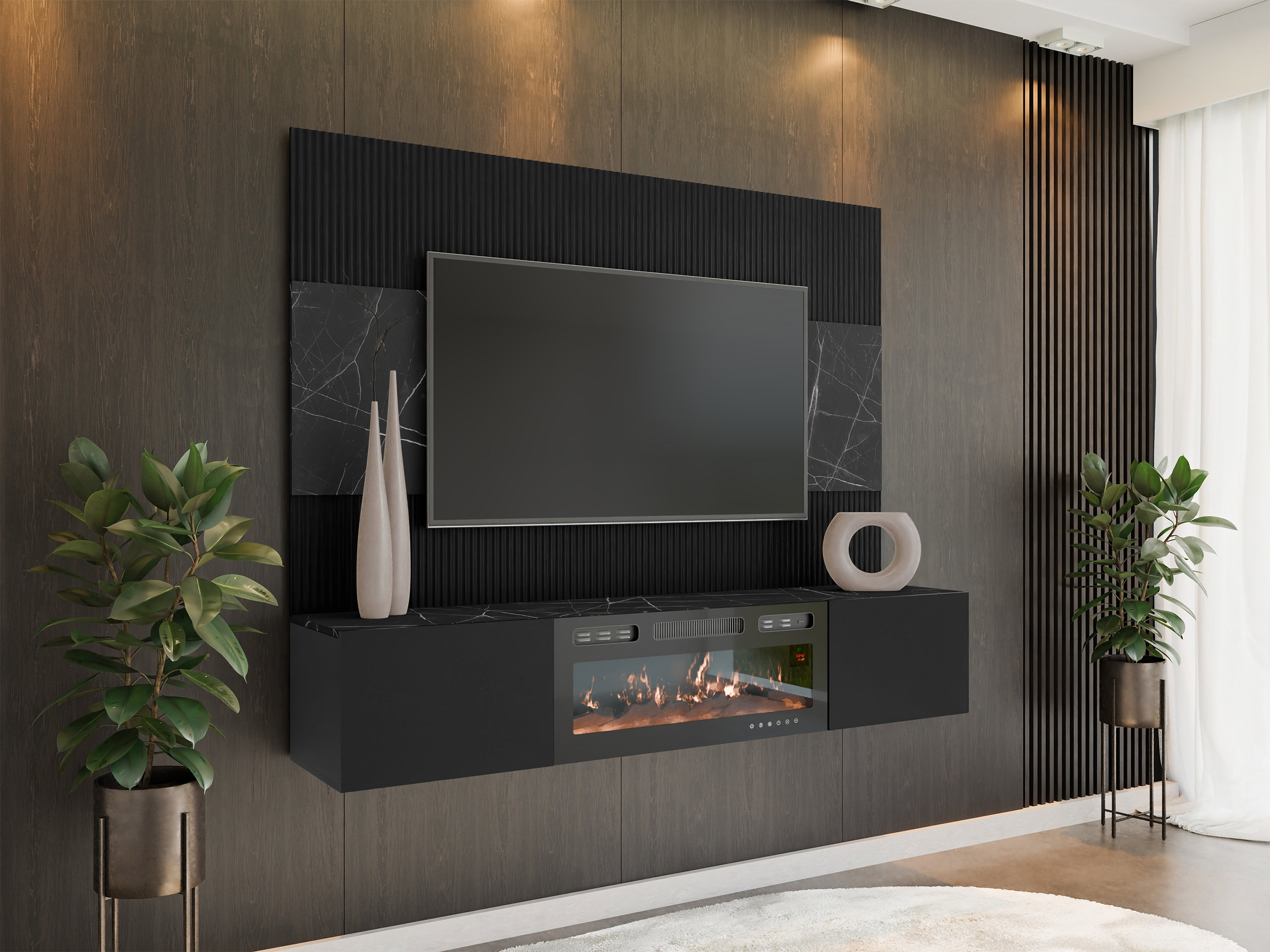 Ensemble de salon Comfivo Salix VII (Noir + Marbre noir)