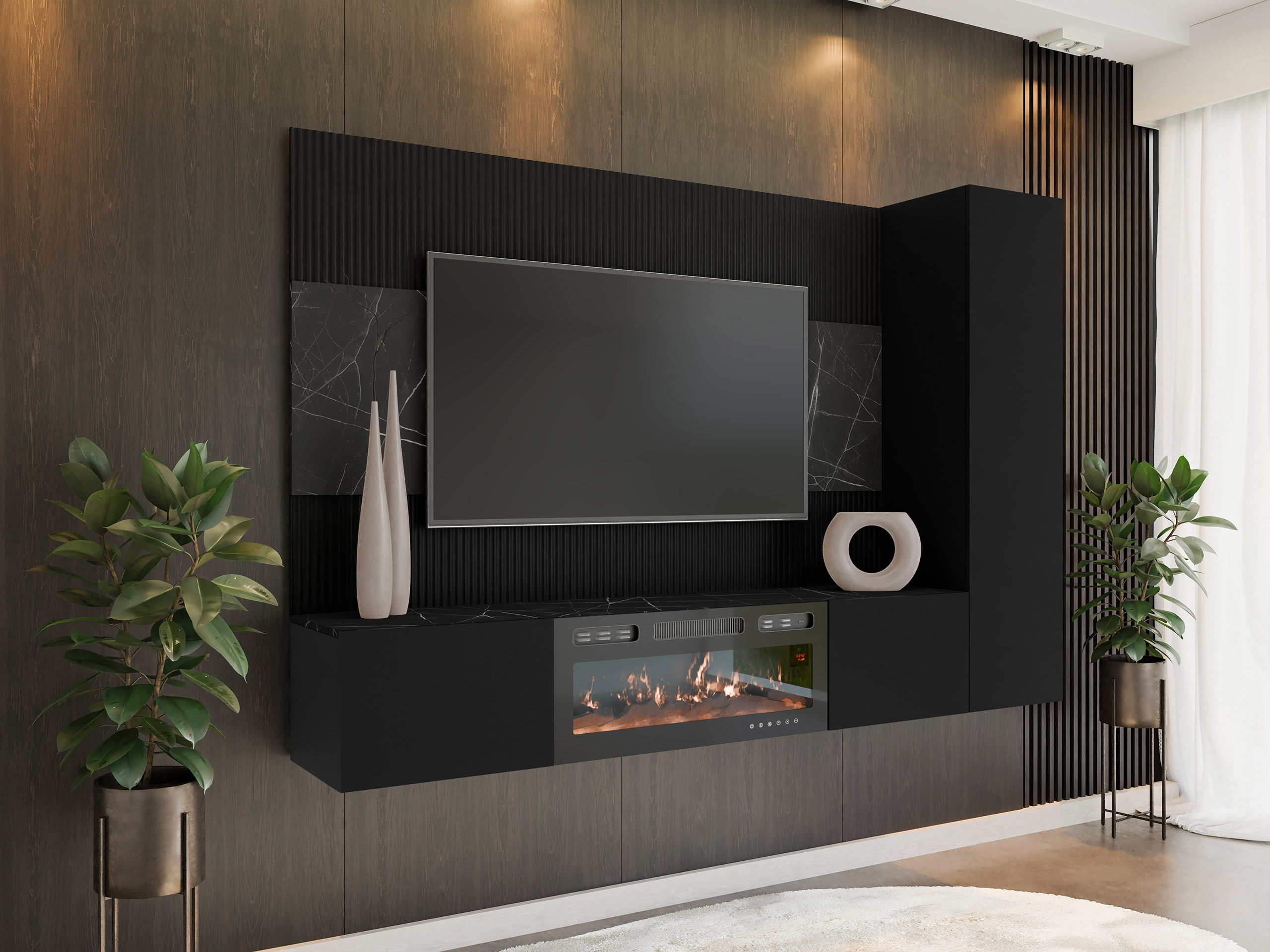 Ensemble de salon Comfivo Salix IX (Noir + Marbre noir)