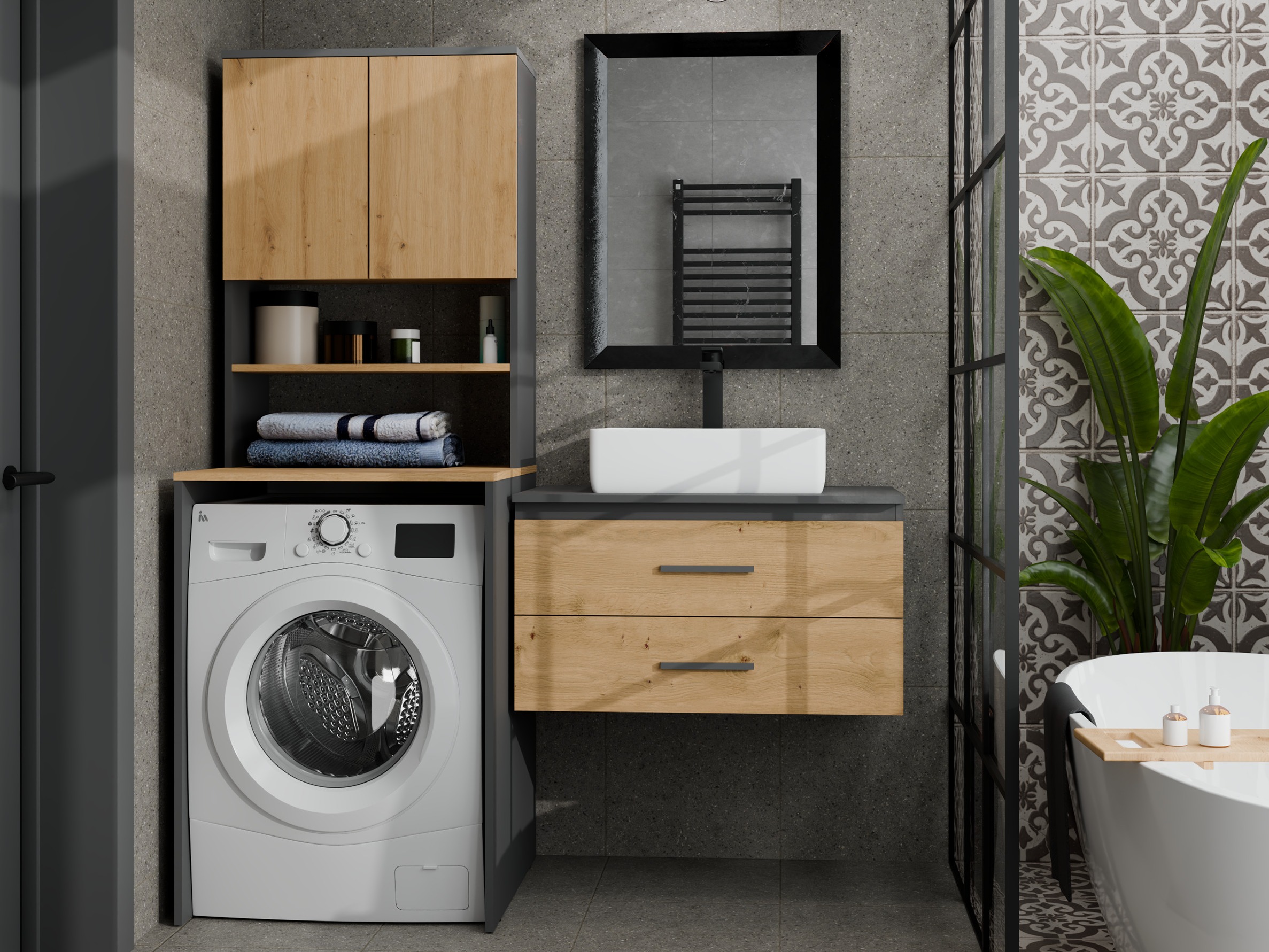 Colonne de salle de bain Balelbo 112 (Anthracite + Chêne Artisan)