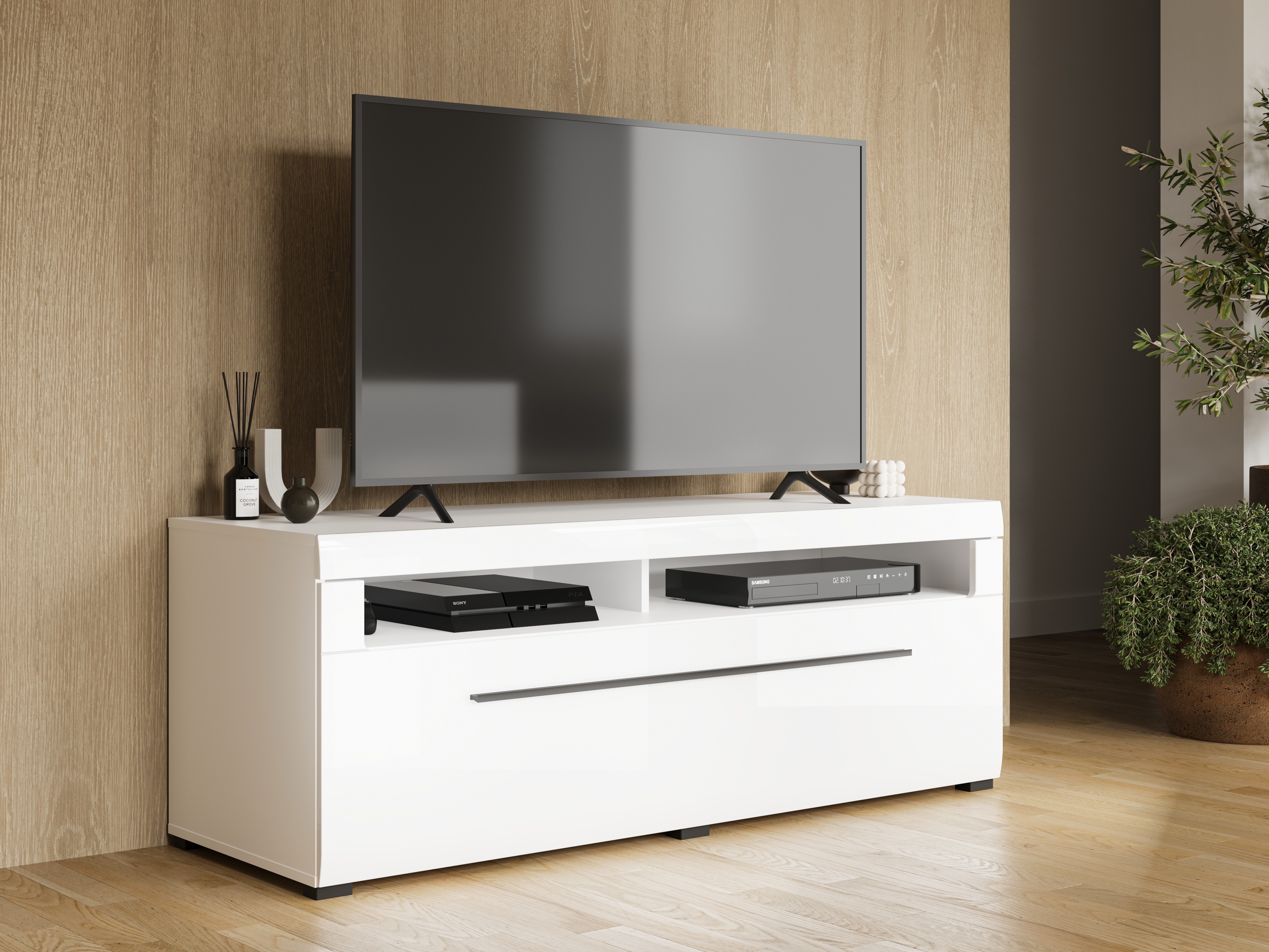 Meuble TV Ophsalu 103 (Blanc + Blanc brillant)