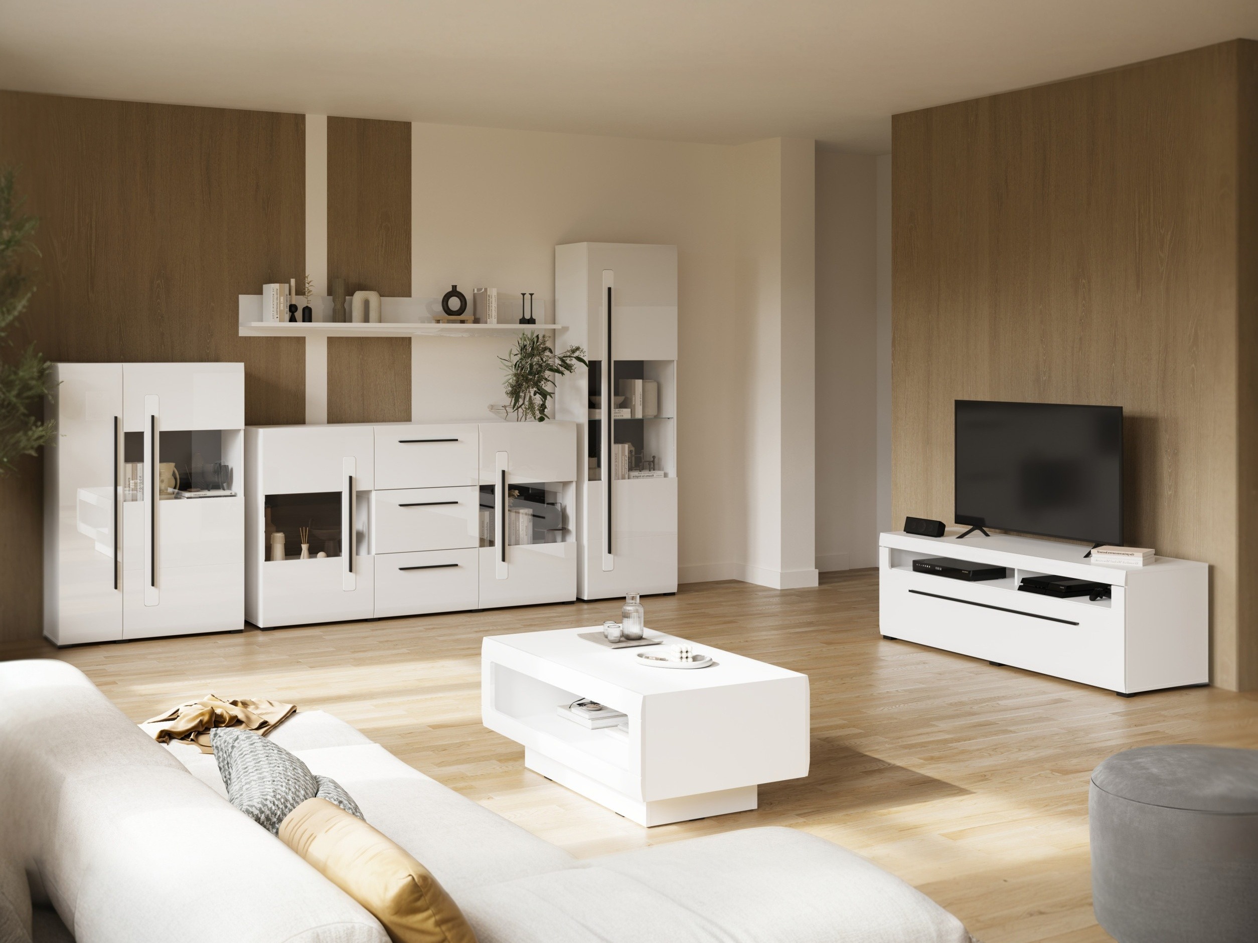 Meuble TV Ophsalu 103 (Blanc + Blanc brillant)
