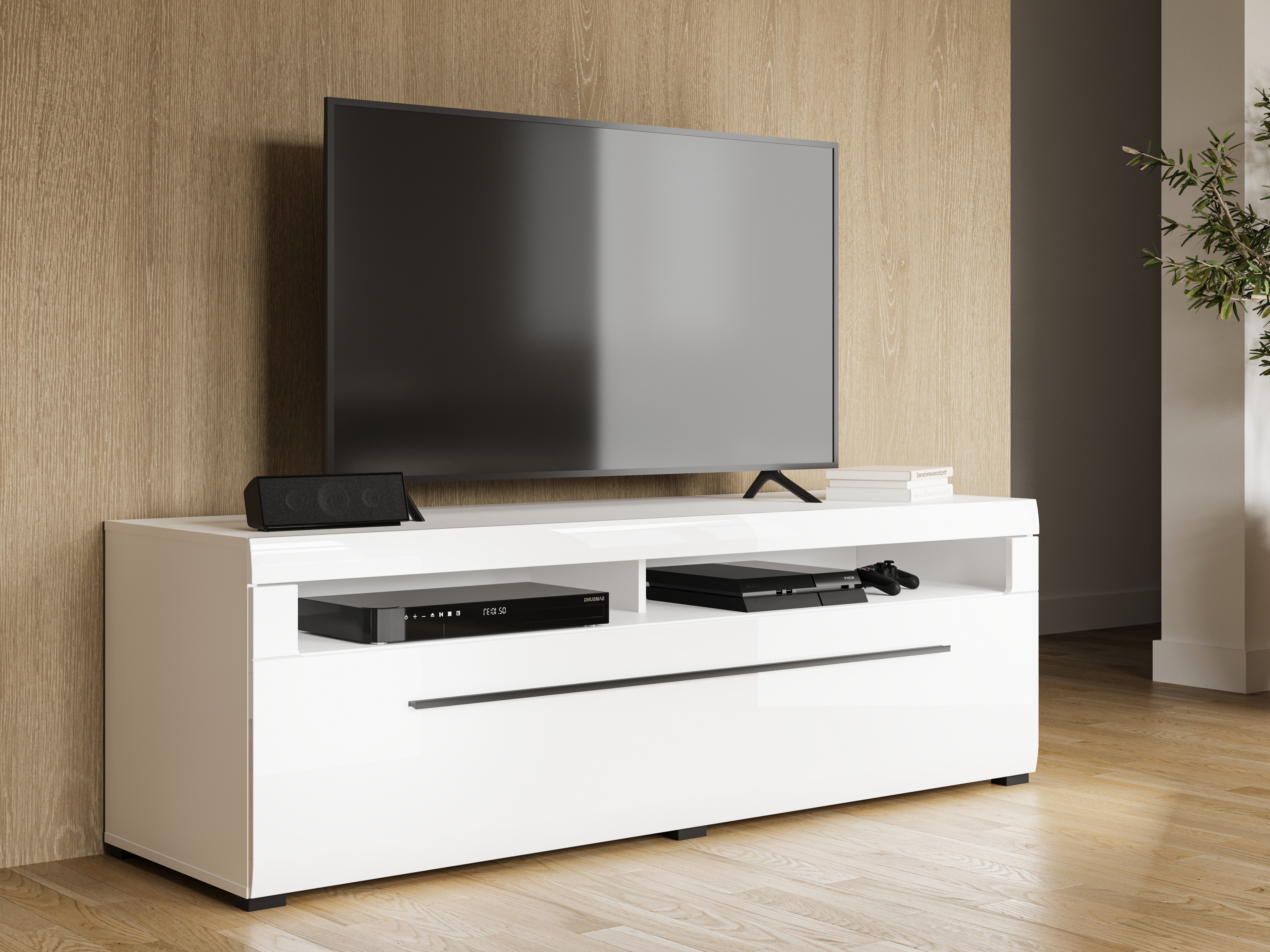 Meuble TV Ophsalu 104 (Blanc + Blanc brillant)
