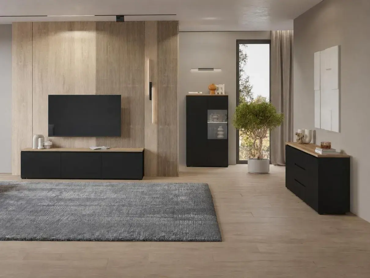 Ensemble de salon Baletu 114 (Noir + Chêne)