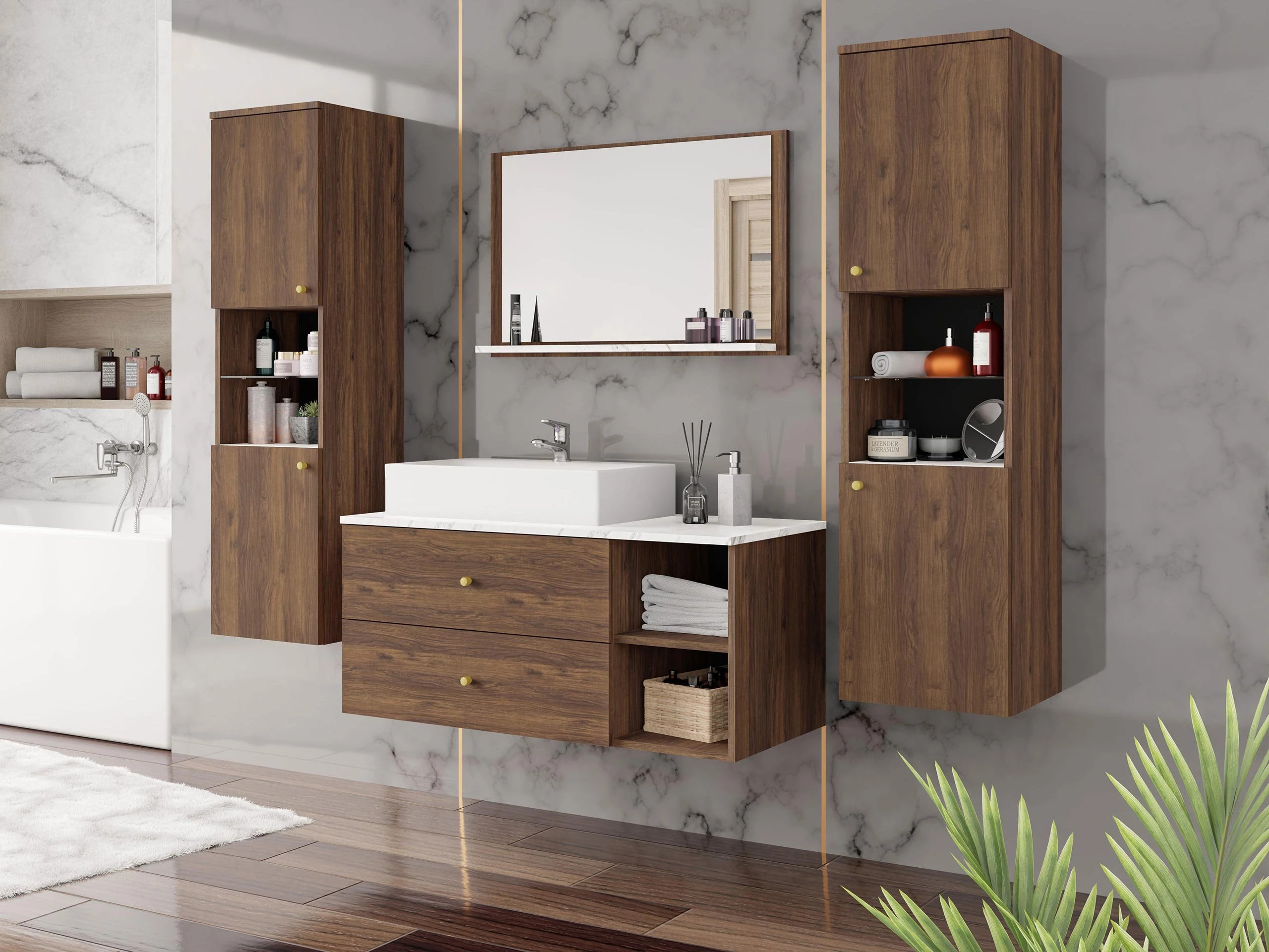 Armoire de salle de bain murale Salus (Noyer + Marbre blanc)