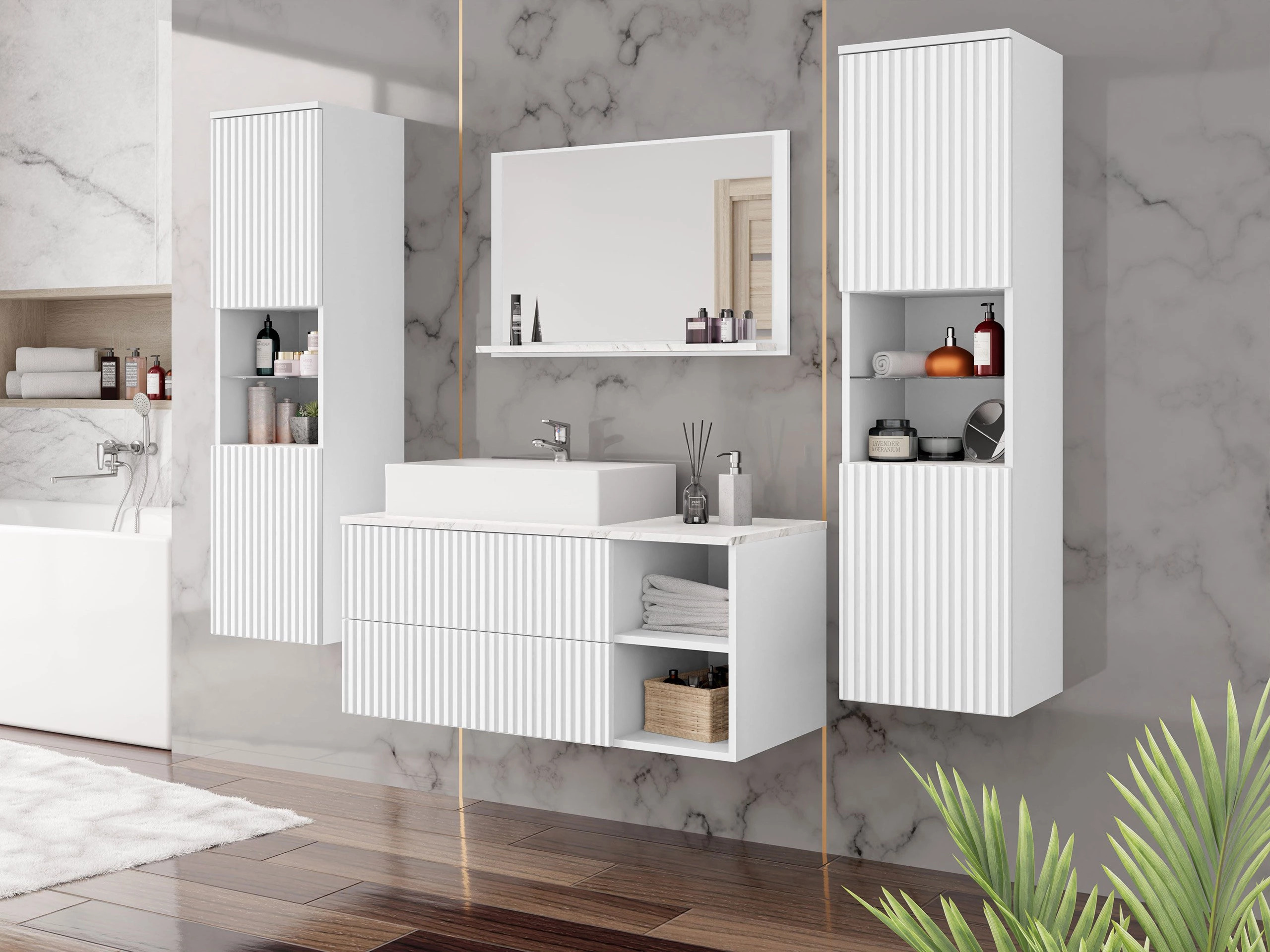 Armoire de salle de bains murale pour lavabo Nauta (Blanc + Marbre blanc)