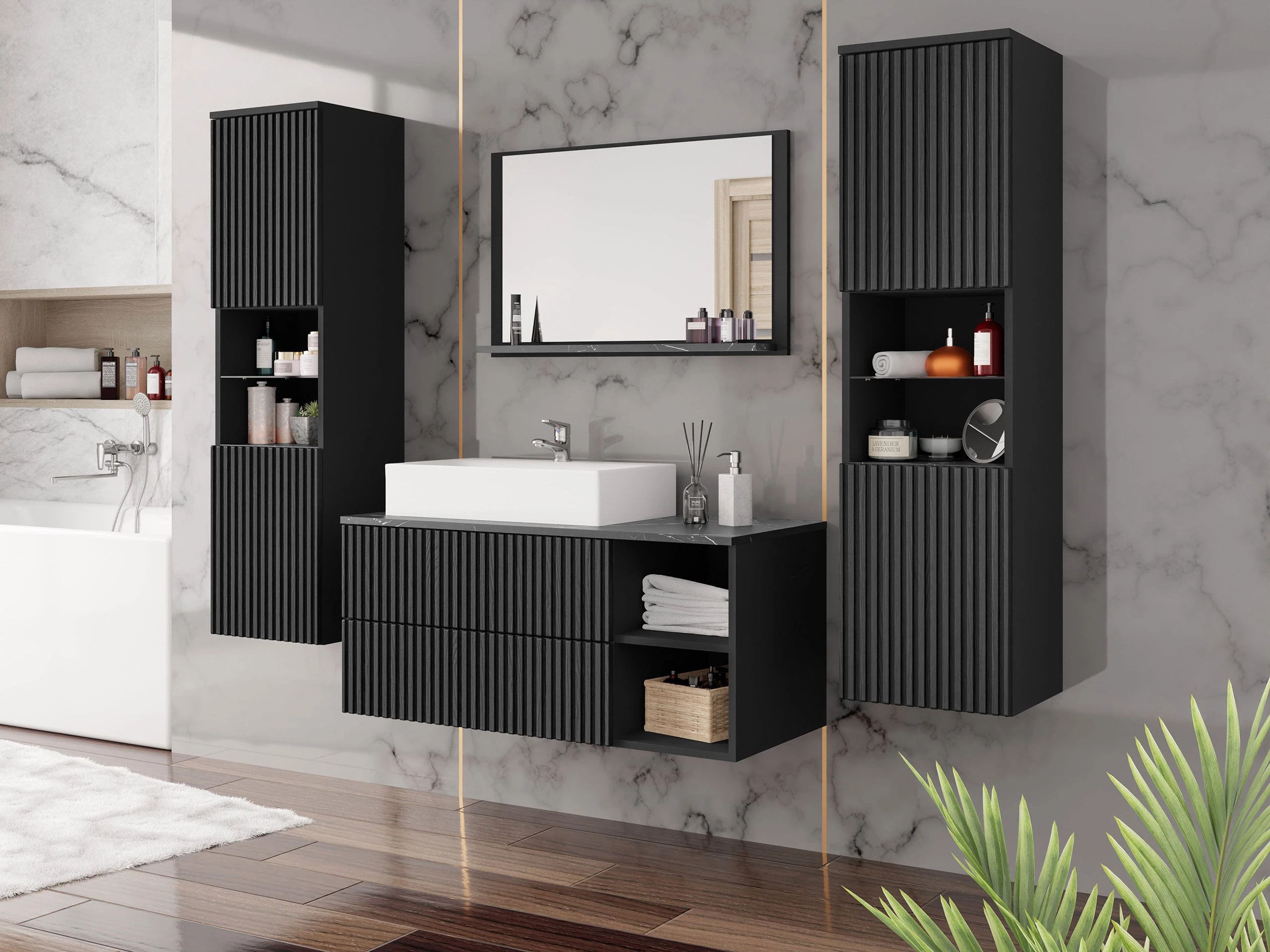 Armoire de salle de bains murale pour lavabo Nauta (Noir + Marbre noir)